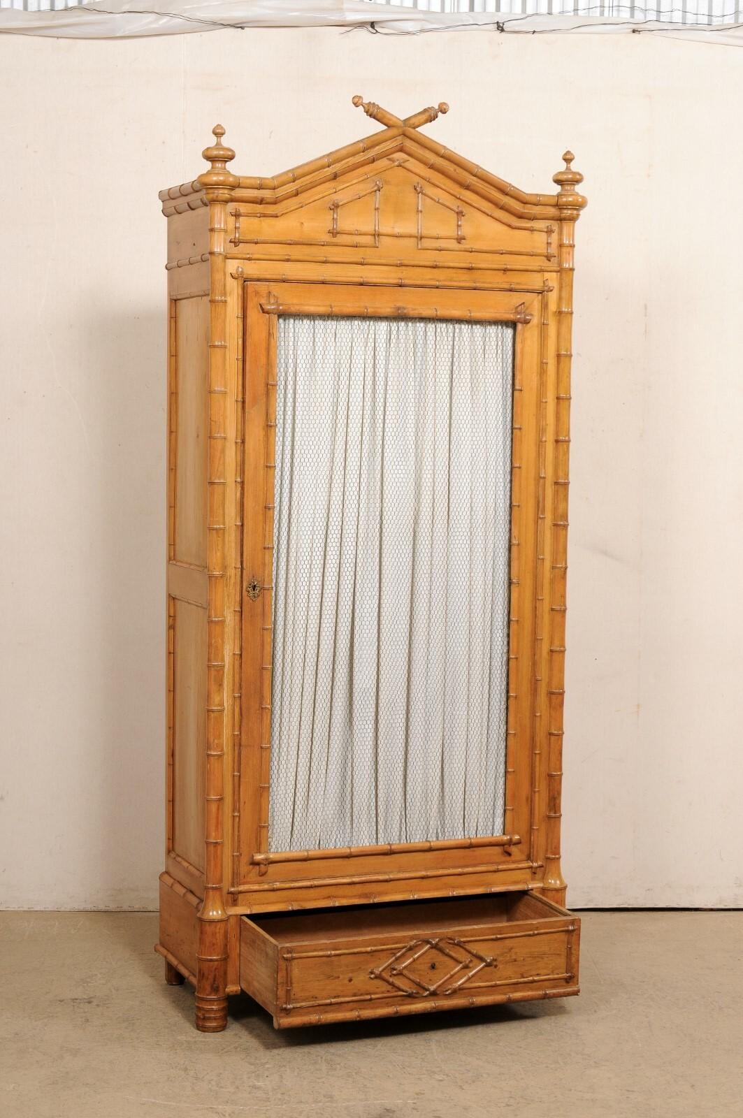 A Tall English Faux Bamboo Cabinet w/Glass Panel Door, Early 20th Century In Good Condition In Atlanta, GA