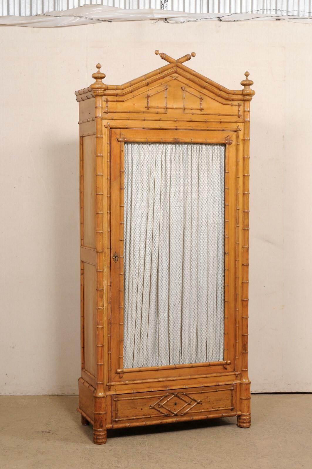 A Tall English Faux Bamboo Cabinet w/Glass Panel Door, Early 20th Century 2