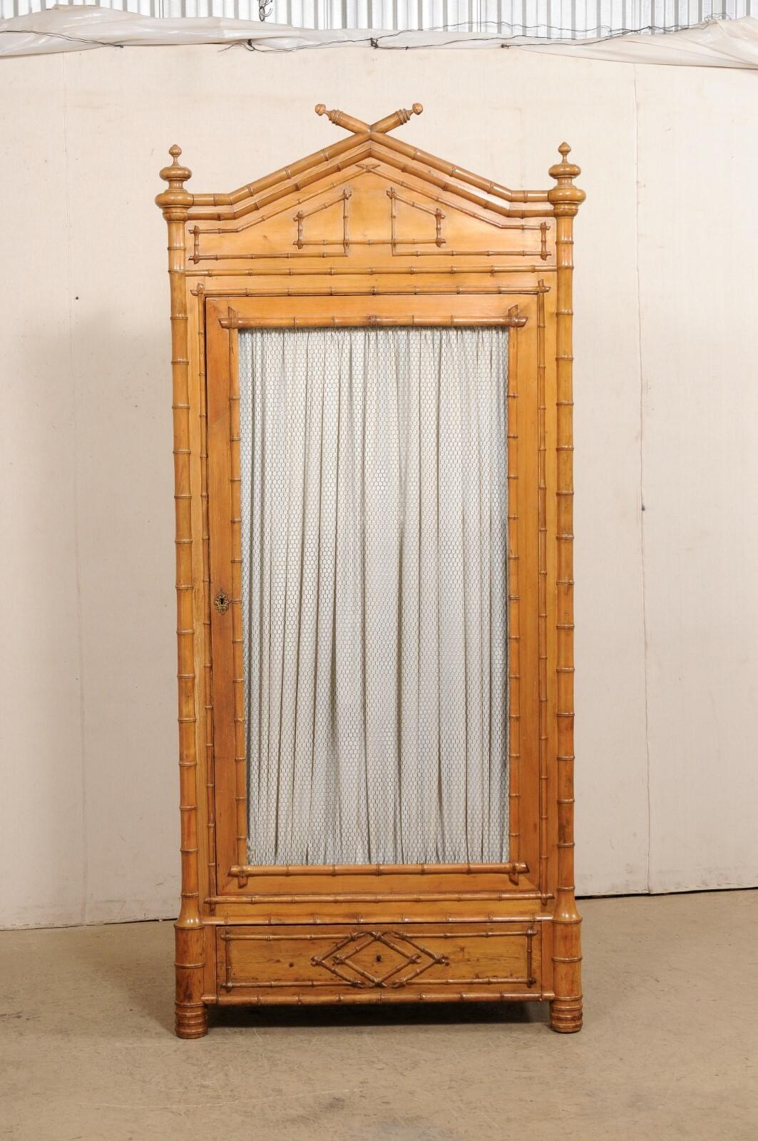 A Tall English Faux Bamboo Cabinet w/Glass Panel Door, Early 20th Century 5