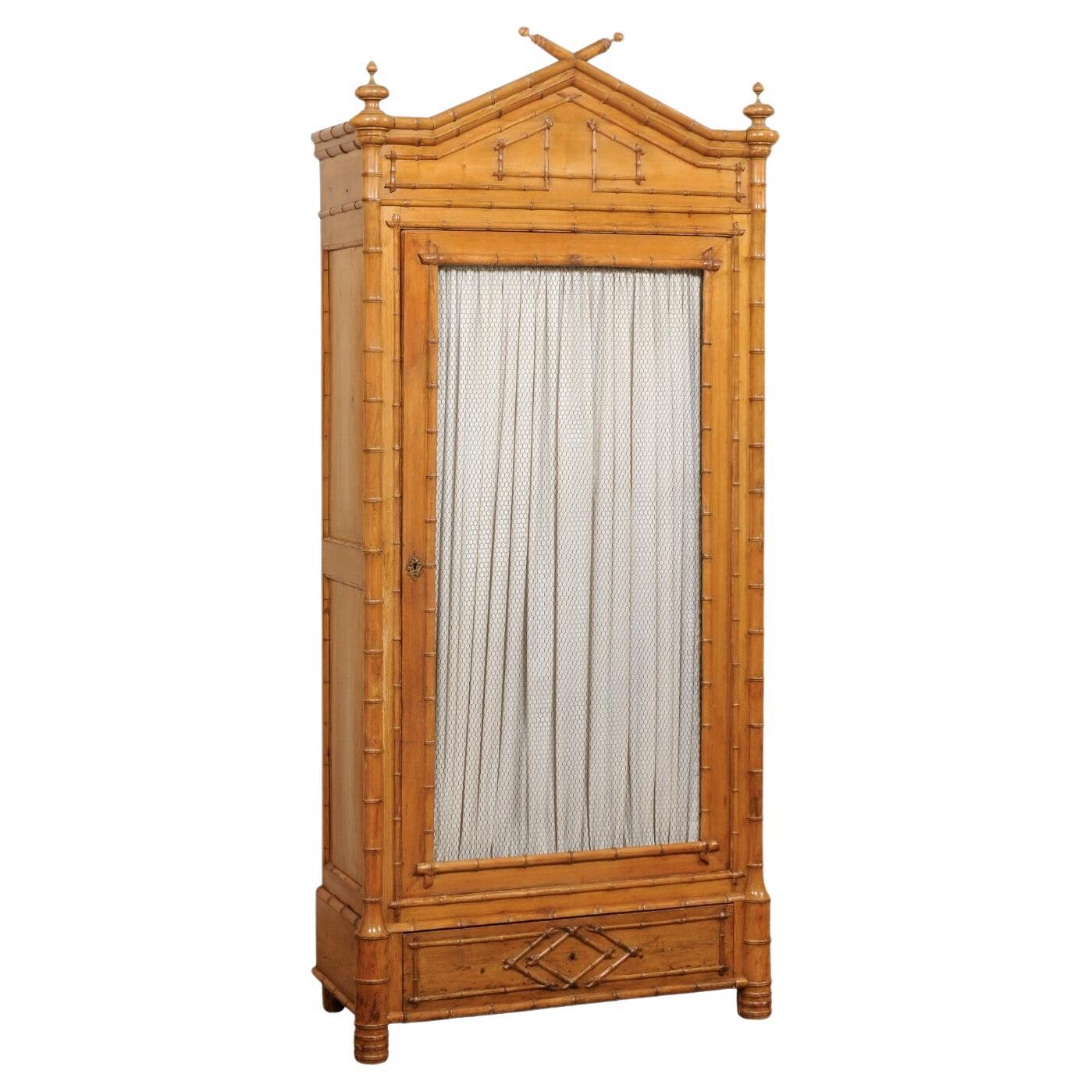 A Tall English Faux Bamboo Cabinet w/Glass Panel Door, Early 20th Century For Sale