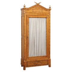 Used A Tall English Faux Bamboo Cabinet w/Glass Panel Door, Early 20th Century