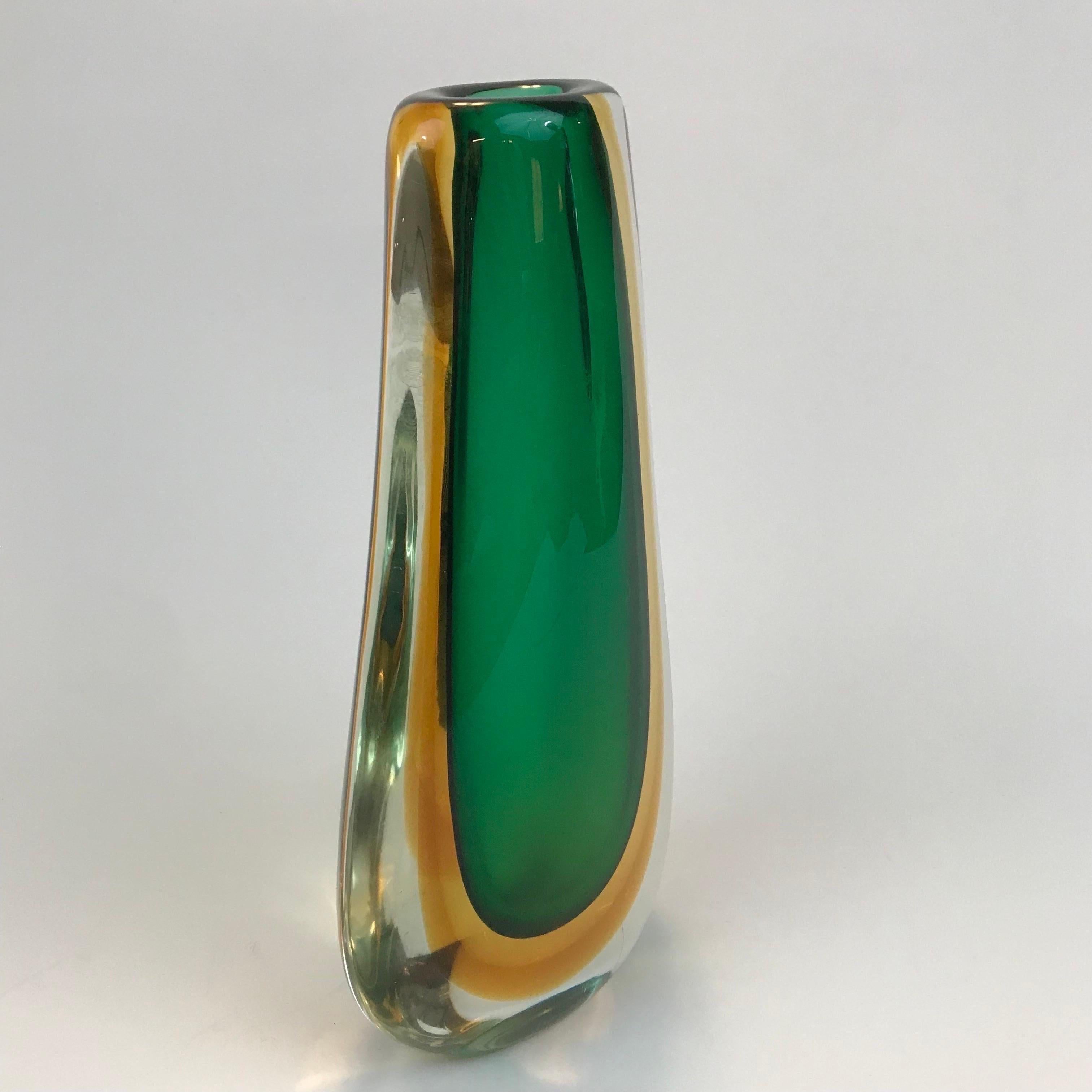 Italian Tall Flavio Poli Sommerso Technique Vase in Clear, Amber and Green Glass For Sale
