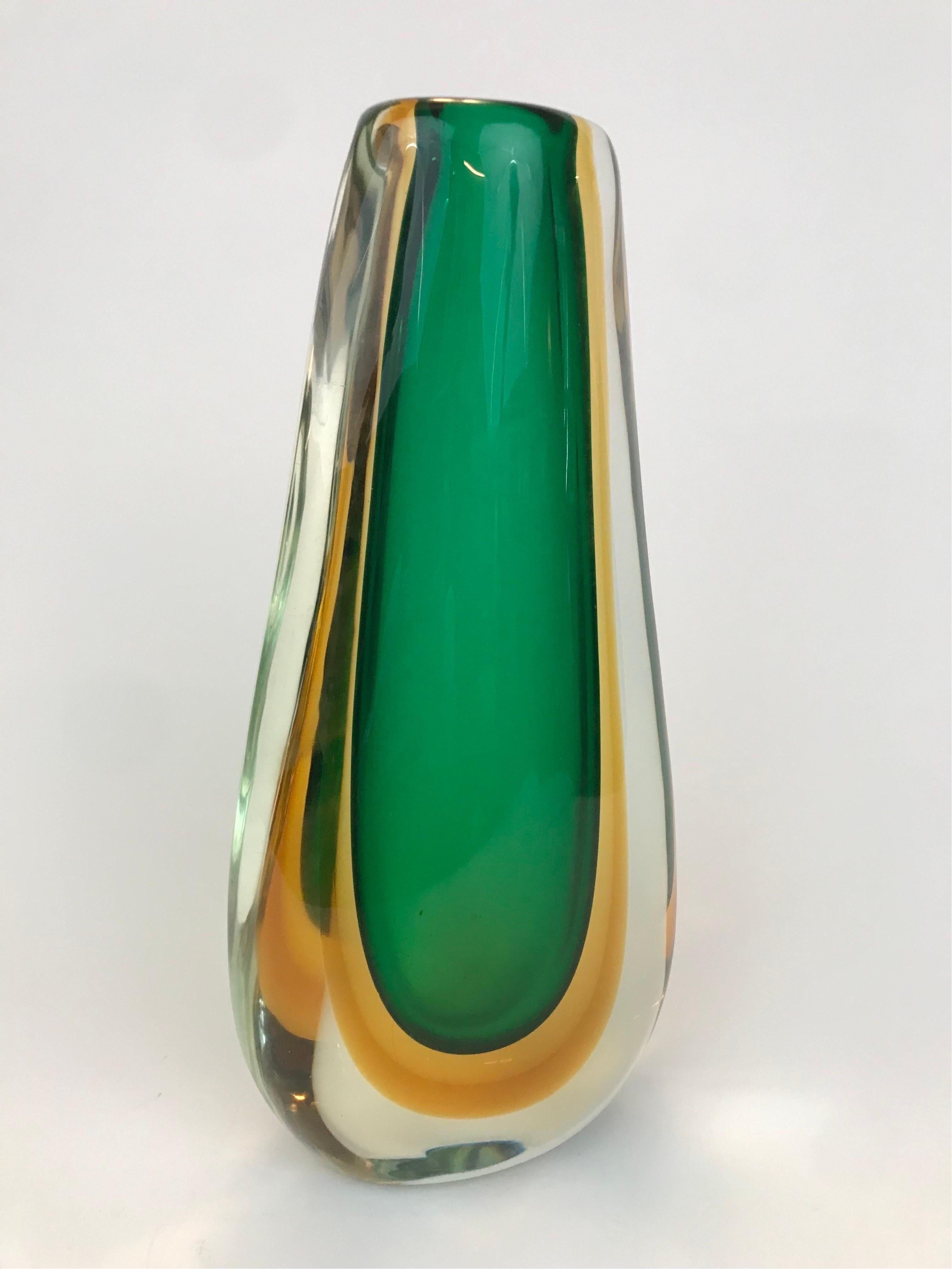 Hand-Crafted Tall Flavio Poli Sommerso Technique Vase in Clear, Amber and Green Glass For Sale