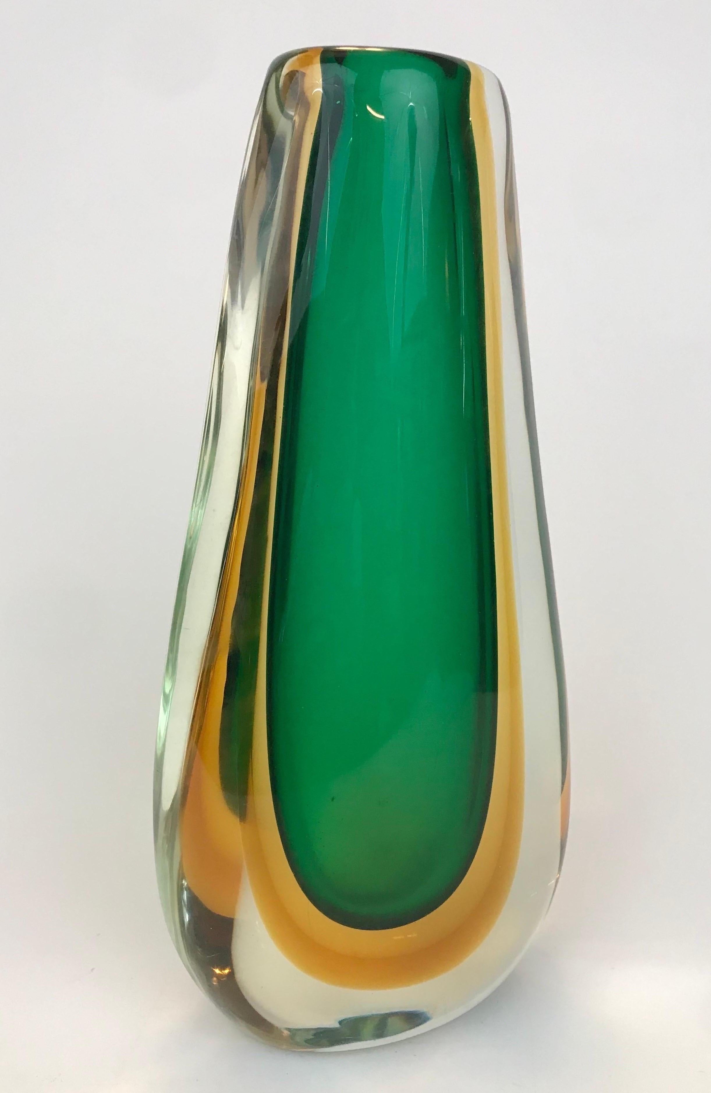 Tall Flavio Poli Sommerso Technique Vase in Clear, Amber and Green Glass In Good Condition For Sale In Fort mill, SC