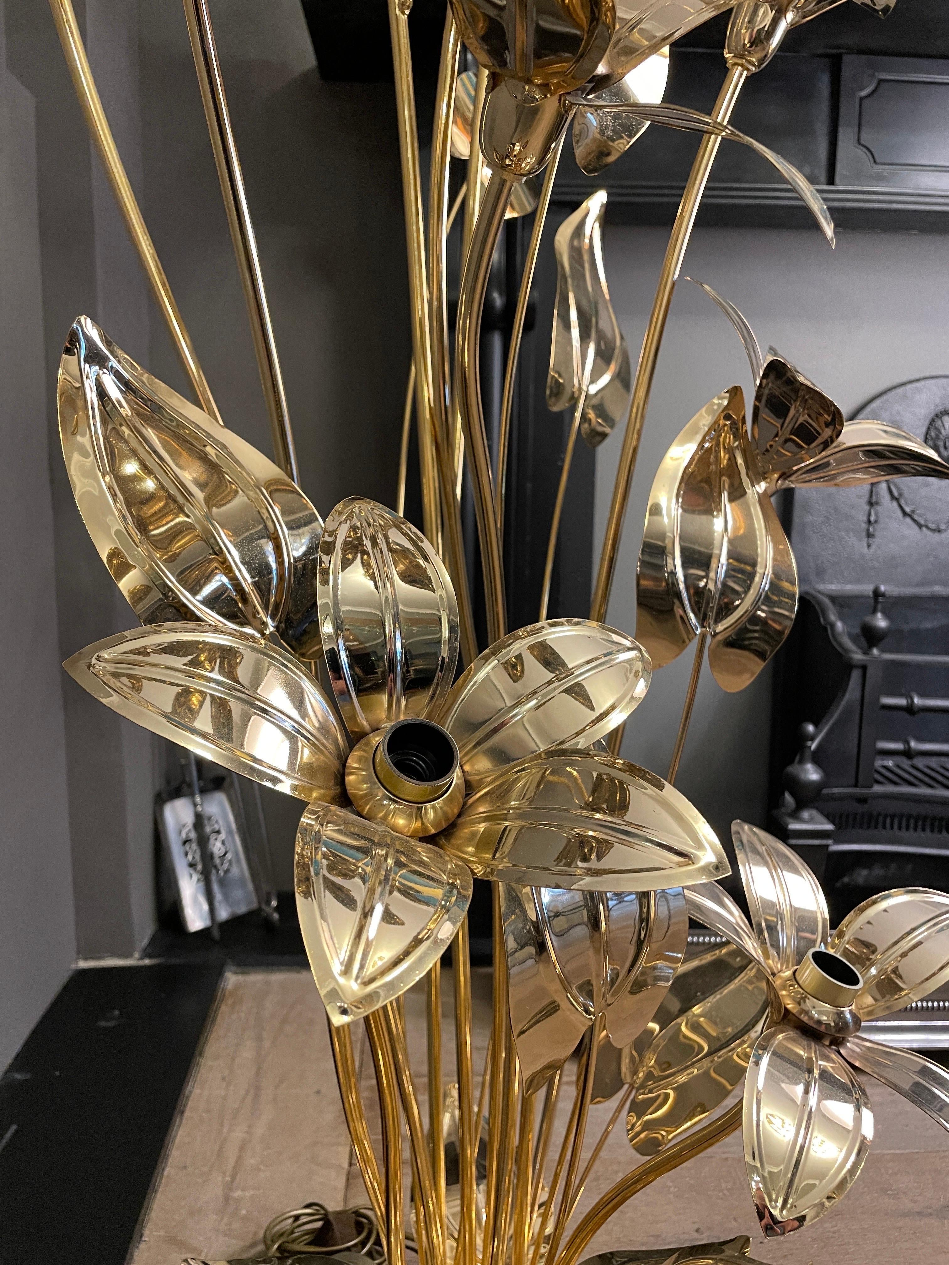 Metal Tall Flower Brass Lacquered Floor Lamp For Sale