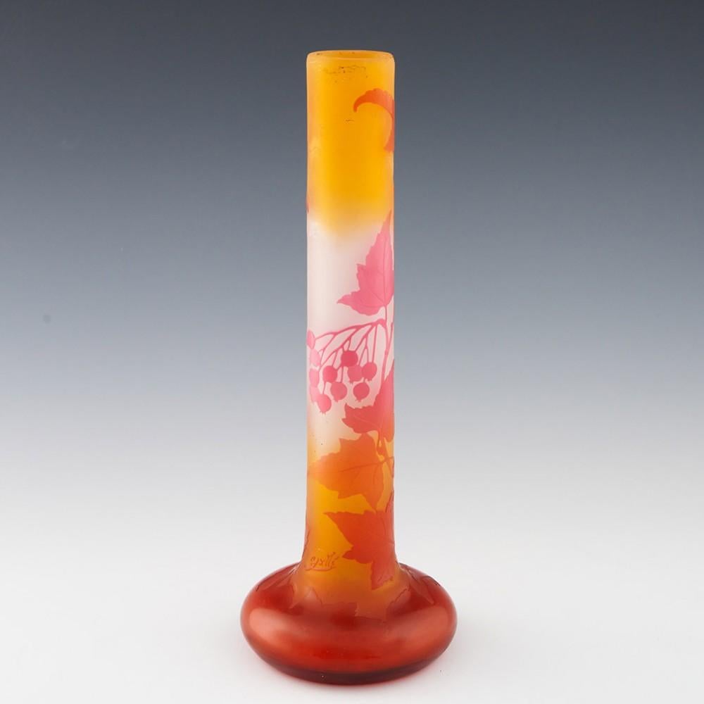 A Tall Galle Four Colour Cameo Glass Vase, c1910

Additional Information:
Heading :  A Galle Cameo Glass Vase
Date : 1906-1914
Origin : Nancy, France
Bowl Features : Puce and blood orange over an orange and clear acid etched ground. Depicts