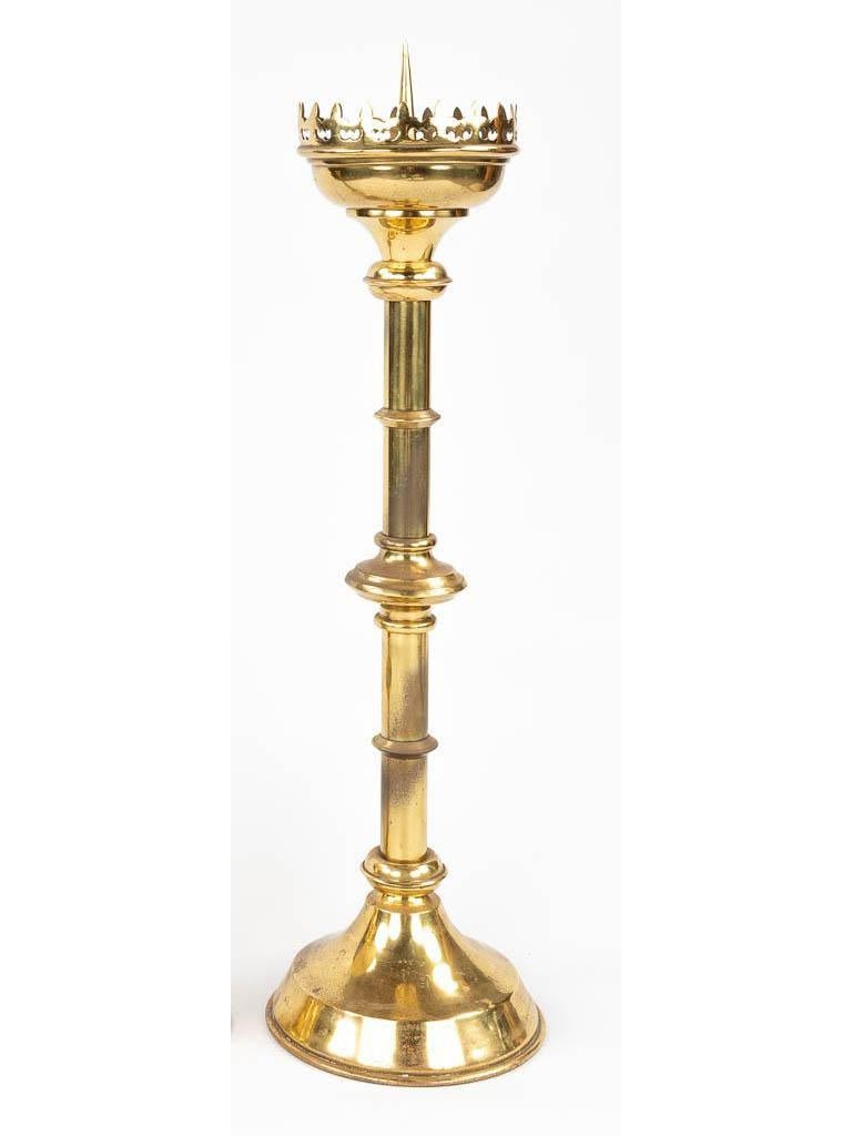 Cast A tall gilt brass European Gothic Revival pricket candlestick For Sale