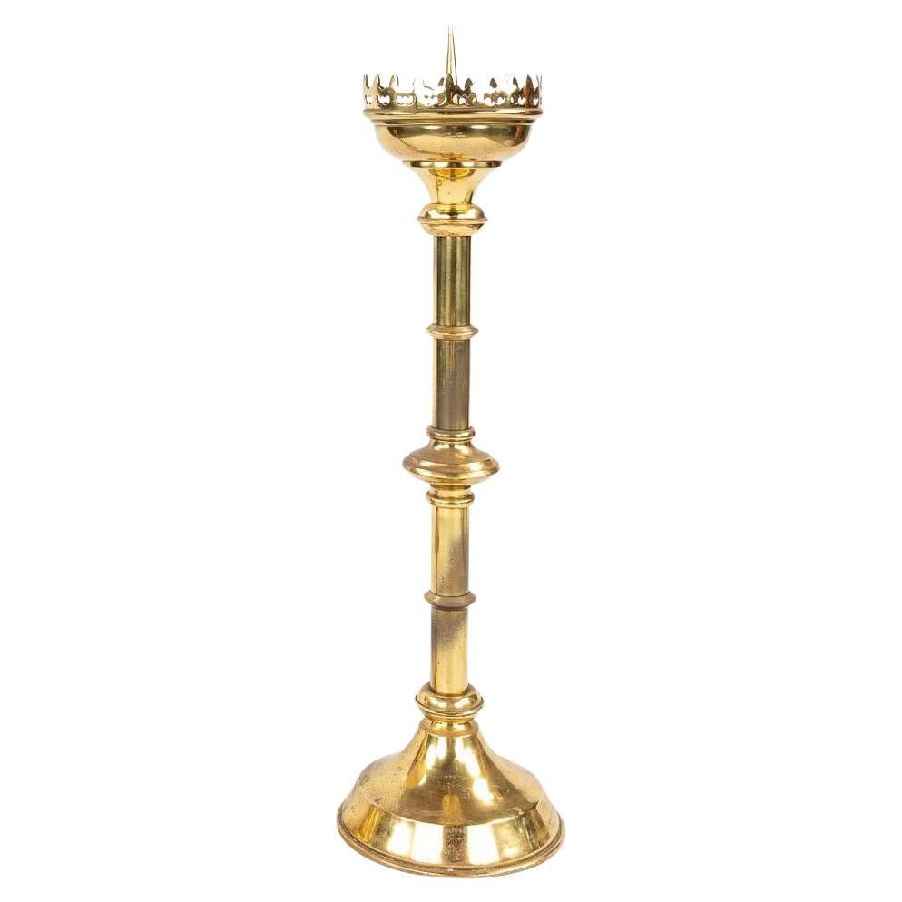A tall gilt brass European Gothic Revival pricket candlestick For Sale