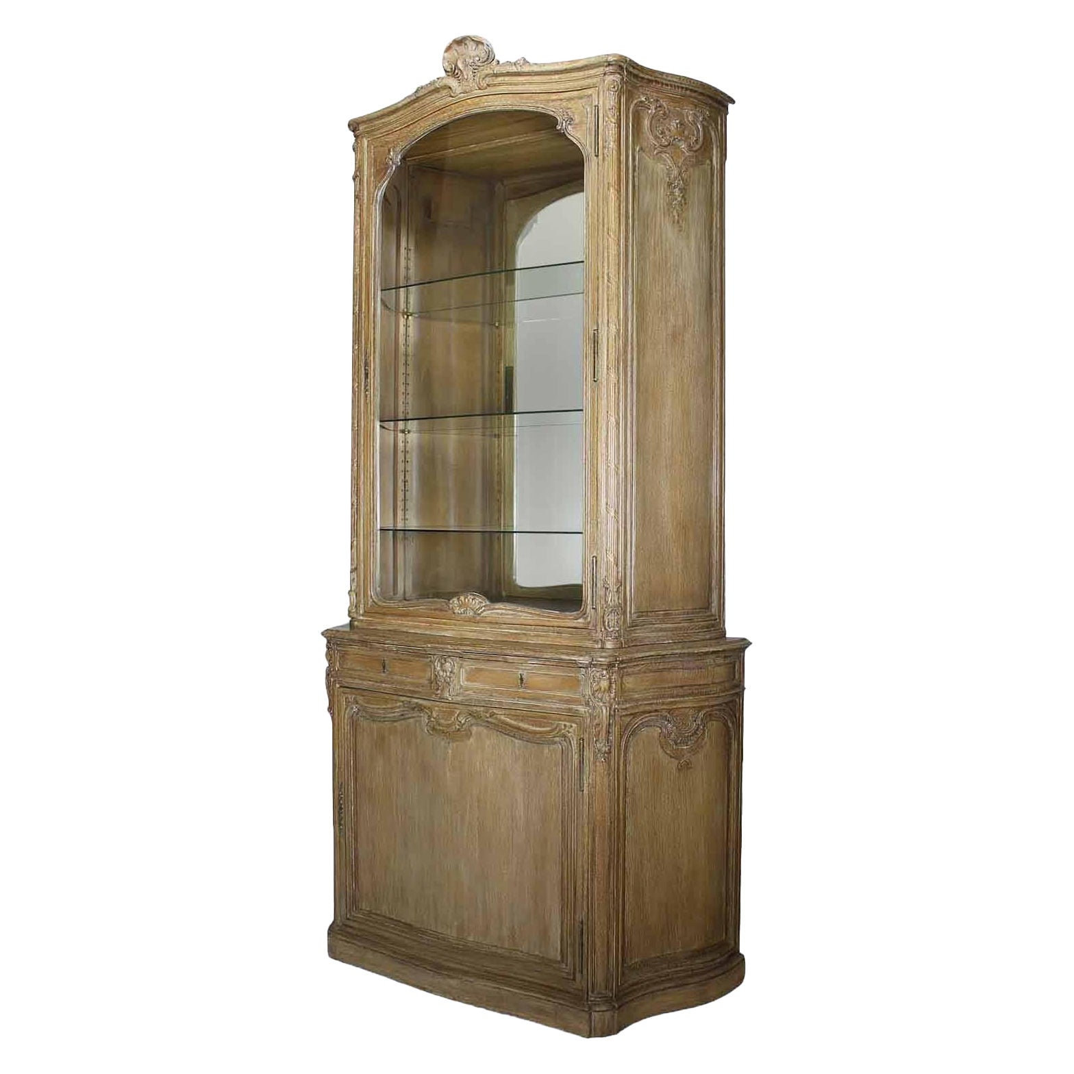 A Tall Louis XV Style Country French Carved White-Washed Walnut Display Vitrine For Sale