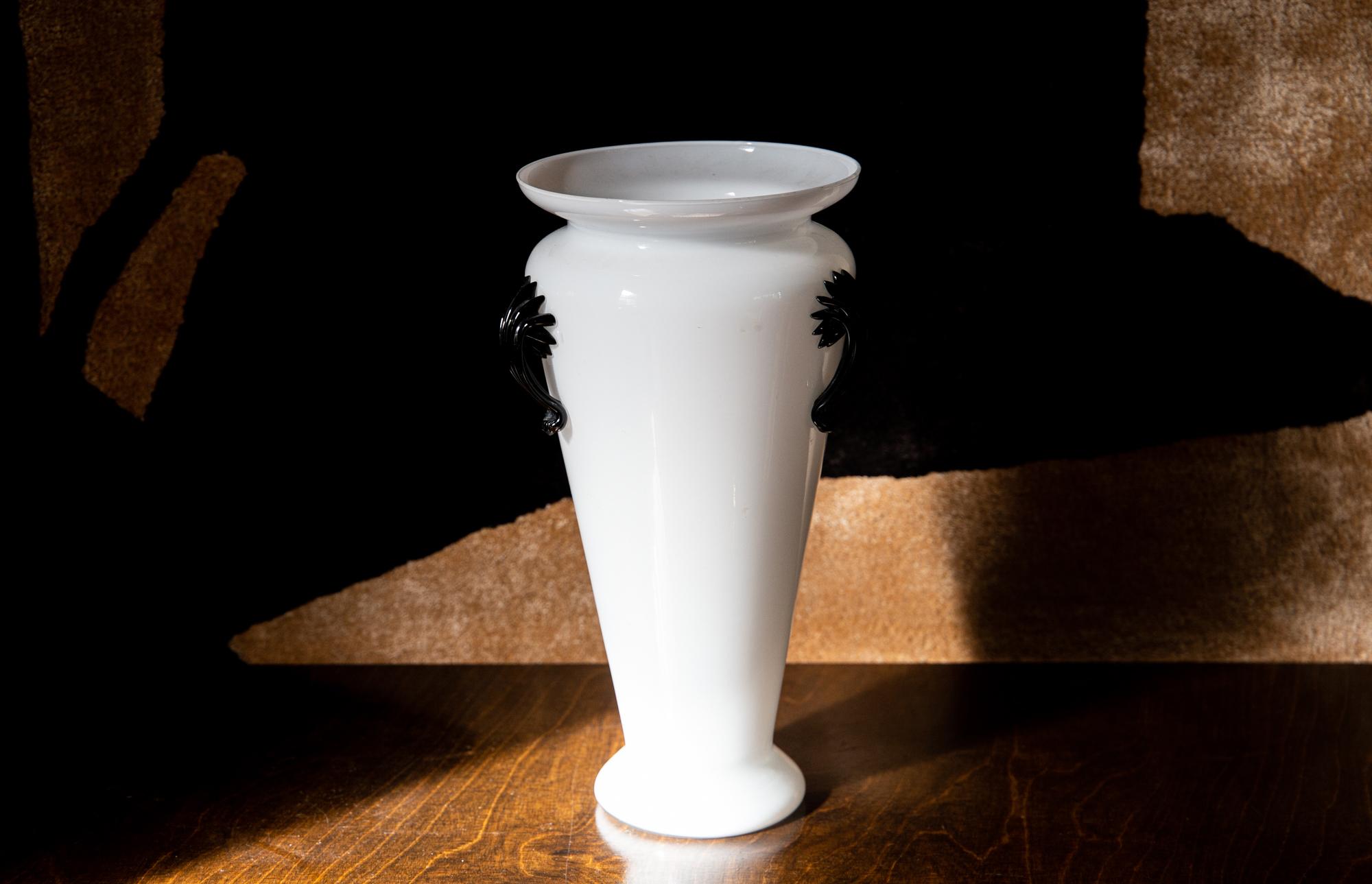 A tall mid-century Murano white opaque vase with black torch handles, Italy  For Sale 2