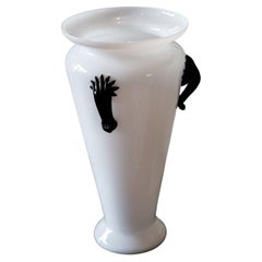 Vintage A tall mid-century Murano white opaque vase with black torch handles, Italy 