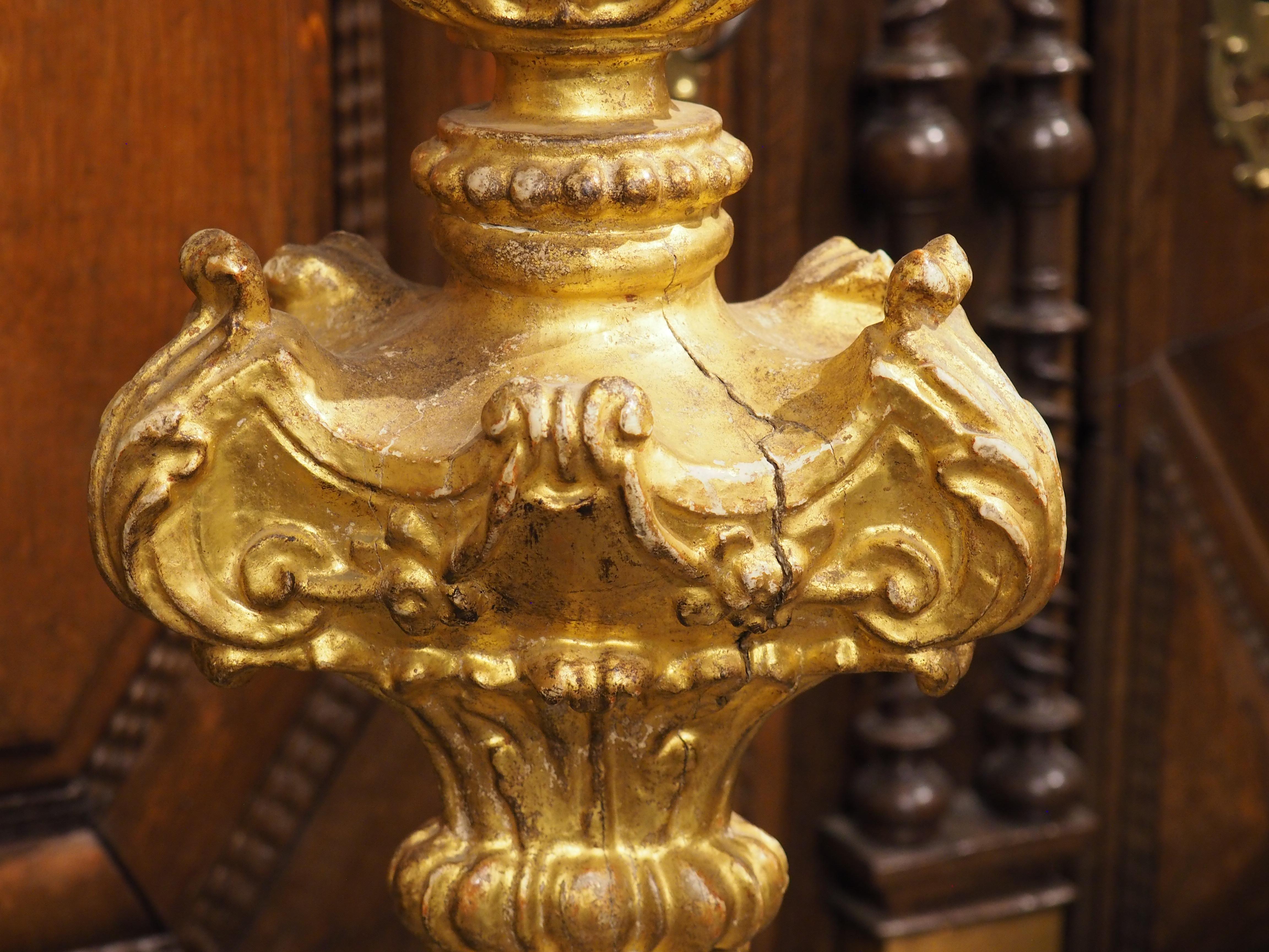 A Tall Pair of 18th Century Giltwood Candlesticks from France For Sale 12