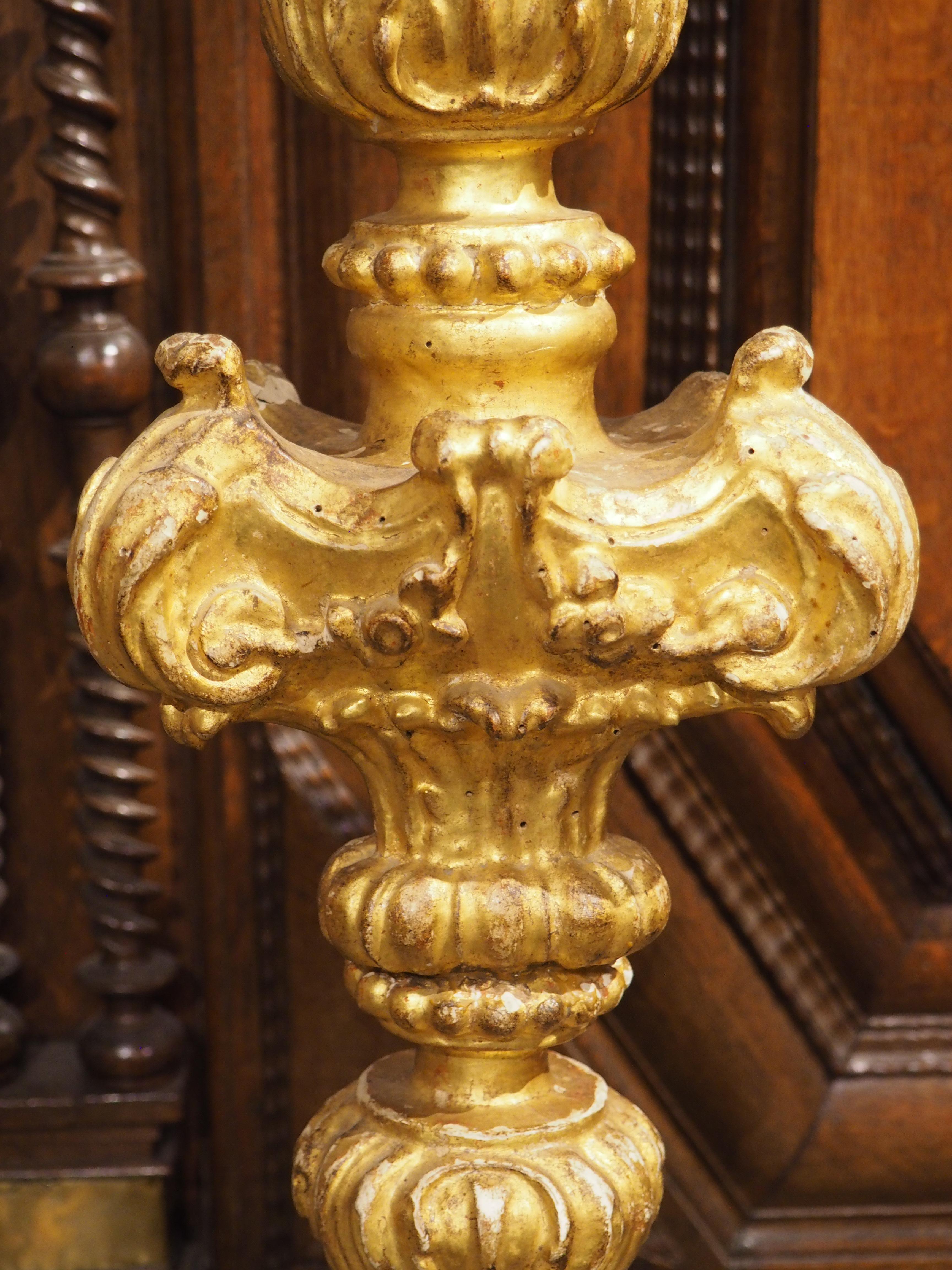 A Tall Pair of 18th Century Giltwood Candlesticks from France For Sale 13
