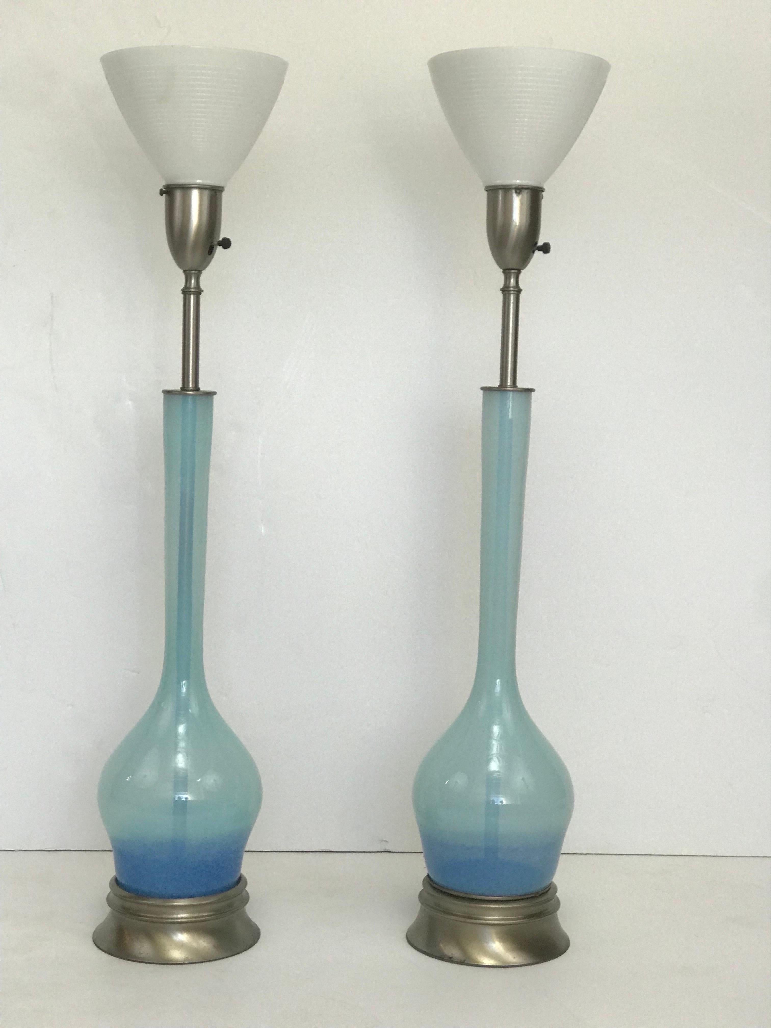 Tall Pair of 1950’s Rembrandt Hand Blown Blue Graded Glass Table Lamps For Sale 7