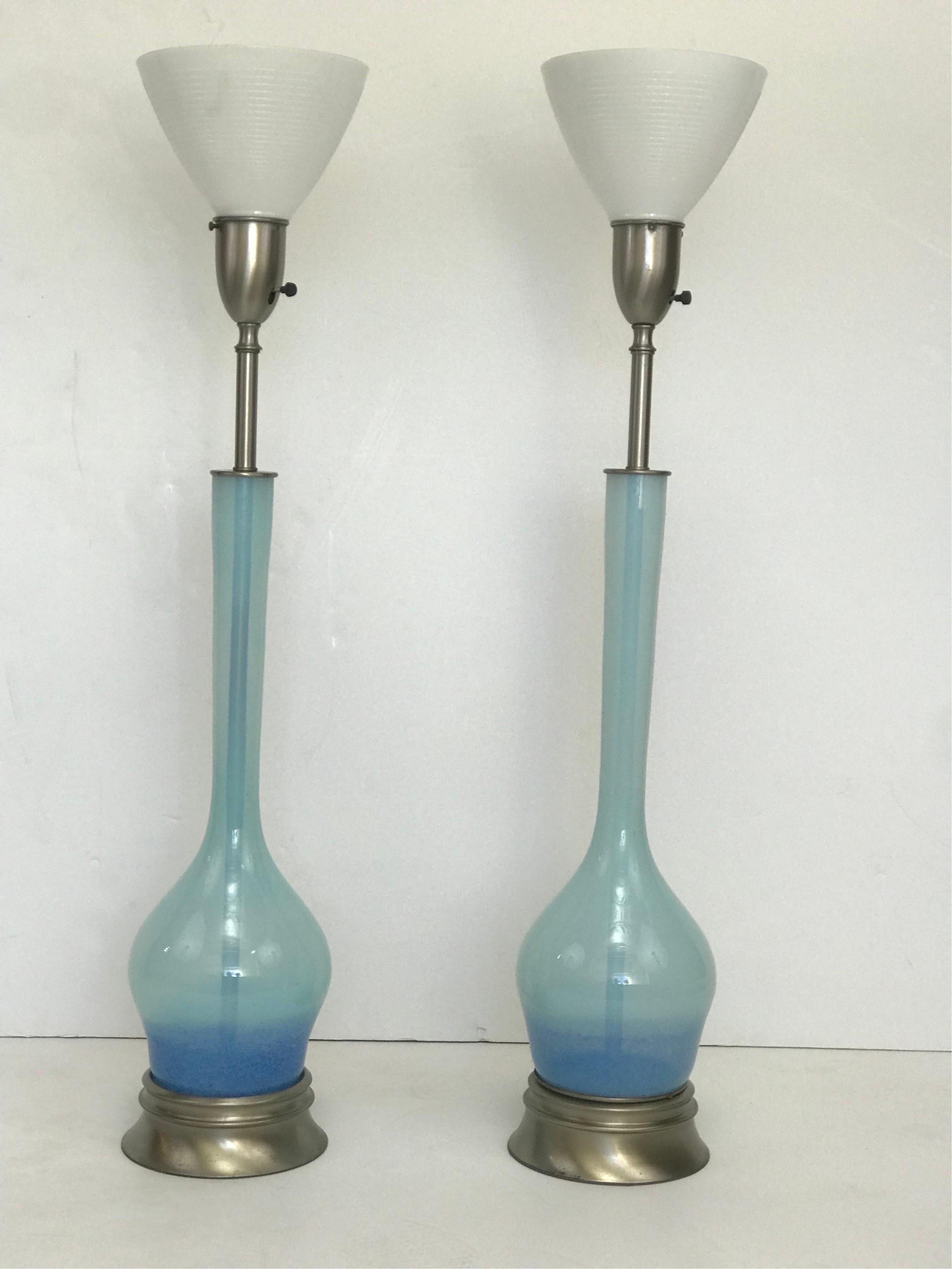 Mid-Century Modern Tall Pair of 1950’s Rembrandt Hand Blown Blue Graded Glass Table Lamps For Sale