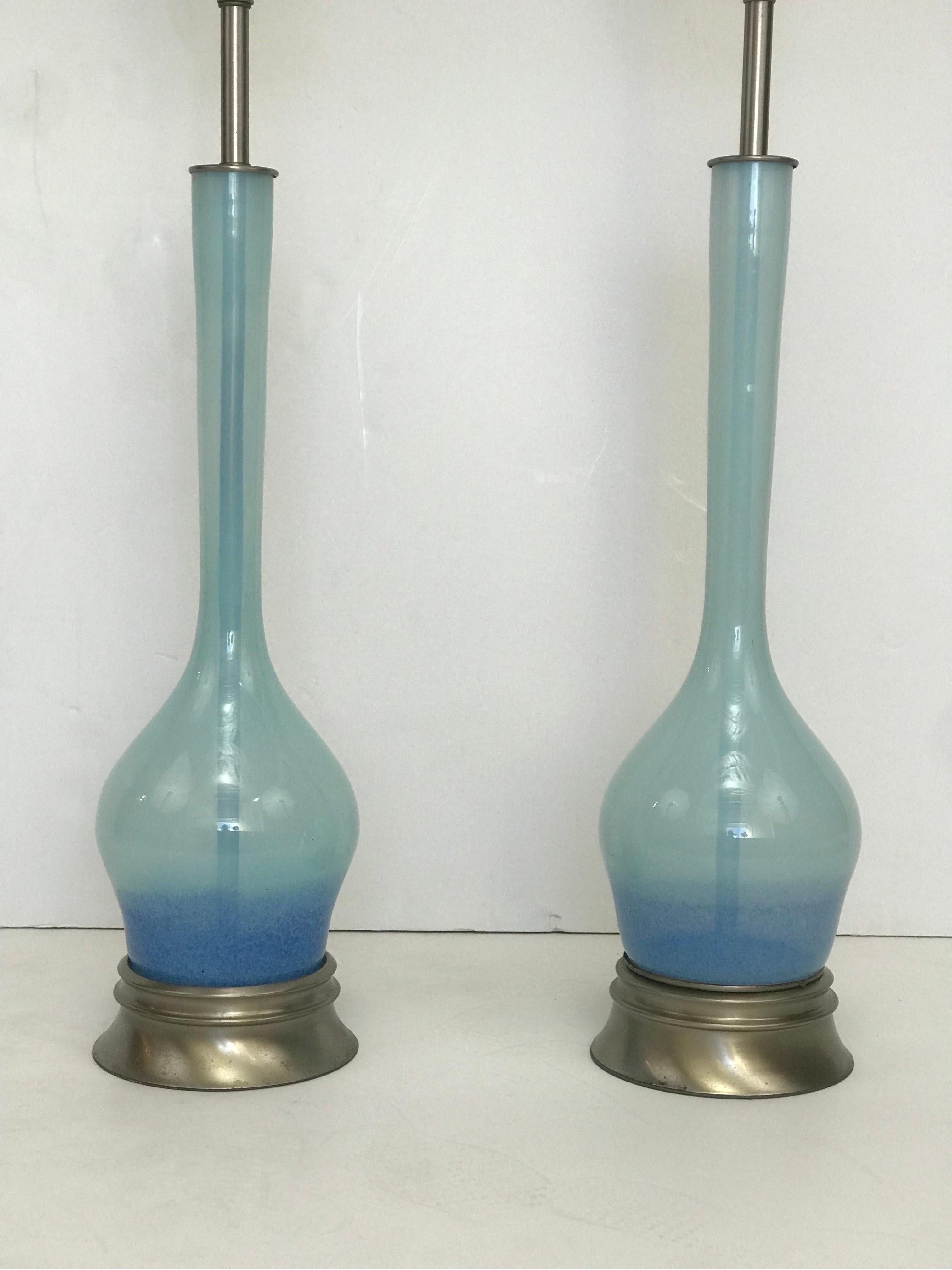 American Tall Pair of 1950’s Rembrandt Hand Blown Blue Graded Glass Table Lamps For Sale