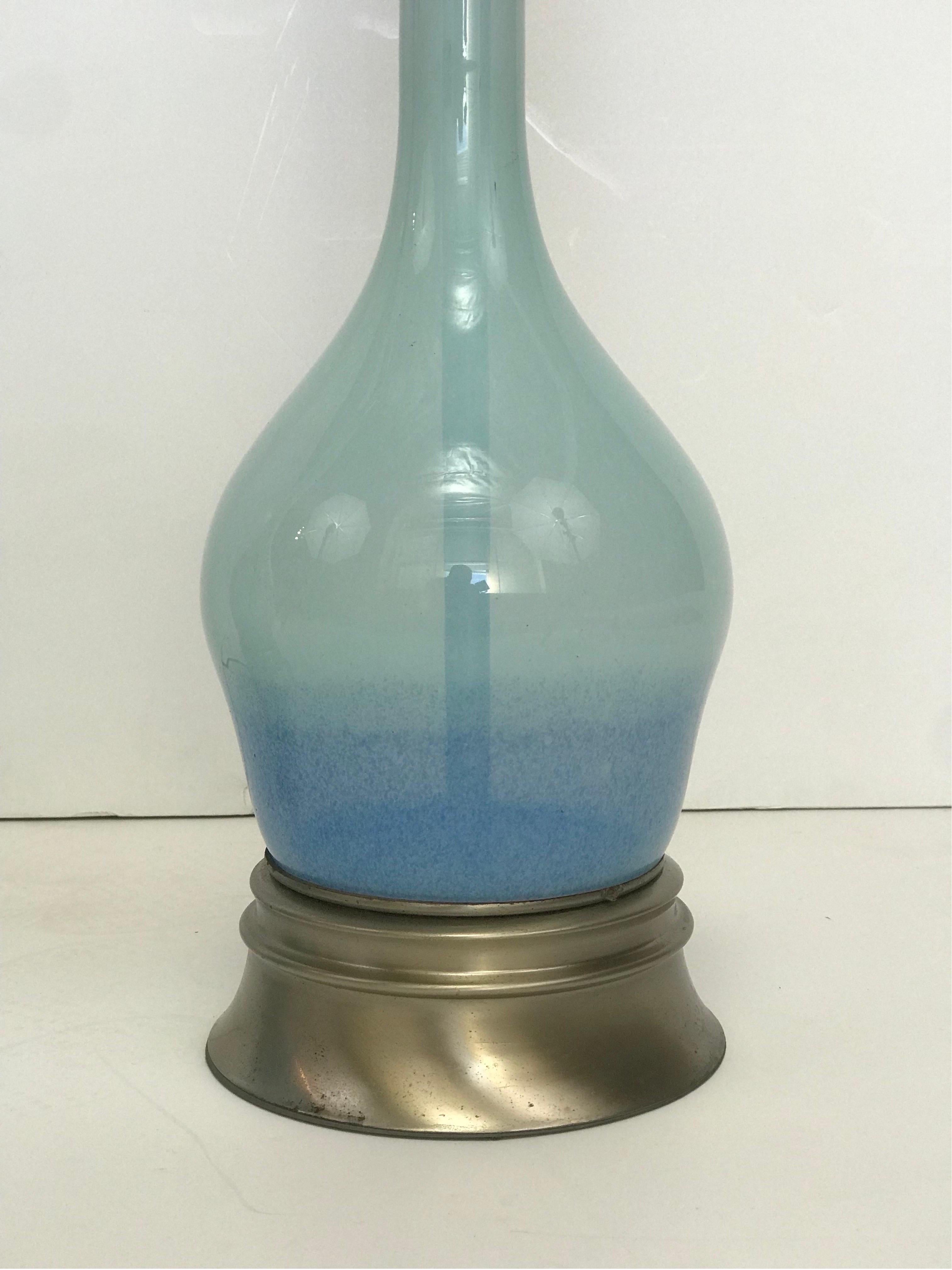 Hand-Crafted Tall Pair of 1950’s Rembrandt Hand Blown Blue Graded Glass Table Lamps For Sale