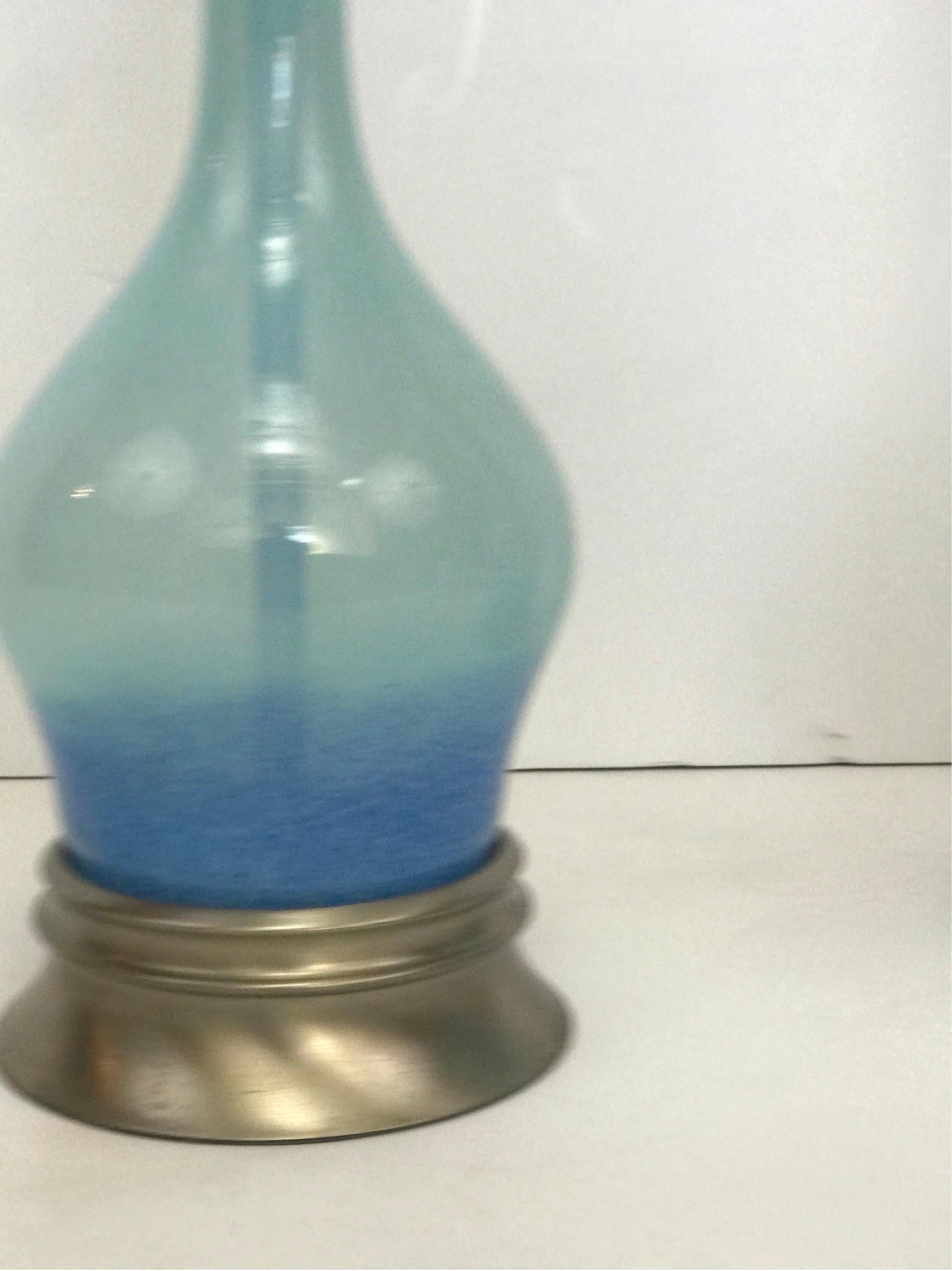 Tall Pair of 1950’s Rembrandt Hand Blown Blue Graded Glass Table Lamps In Good Condition For Sale In Fort mill, SC