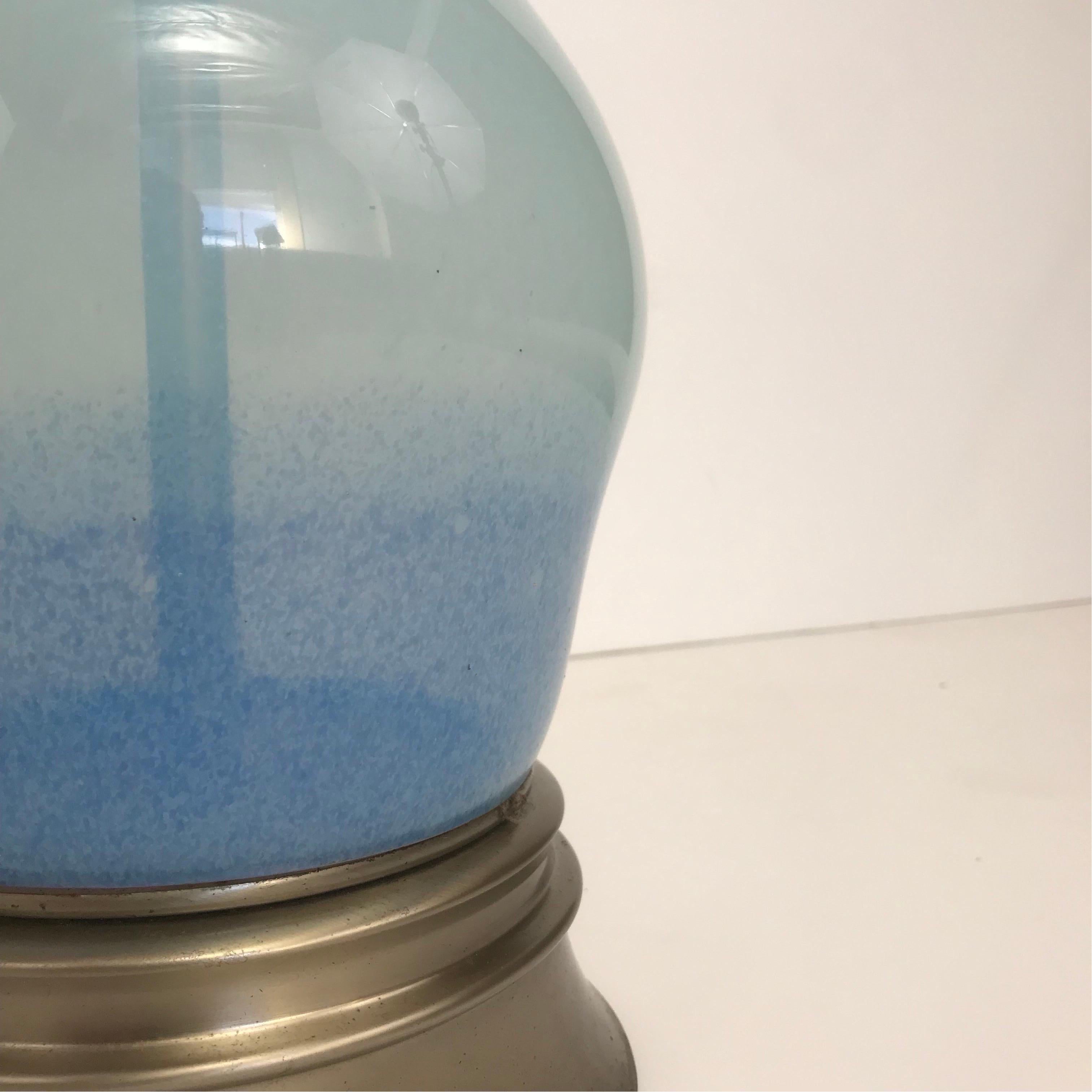 Metal Tall Pair of 1950’s Rembrandt Hand Blown Blue Graded Glass Table Lamps For Sale
