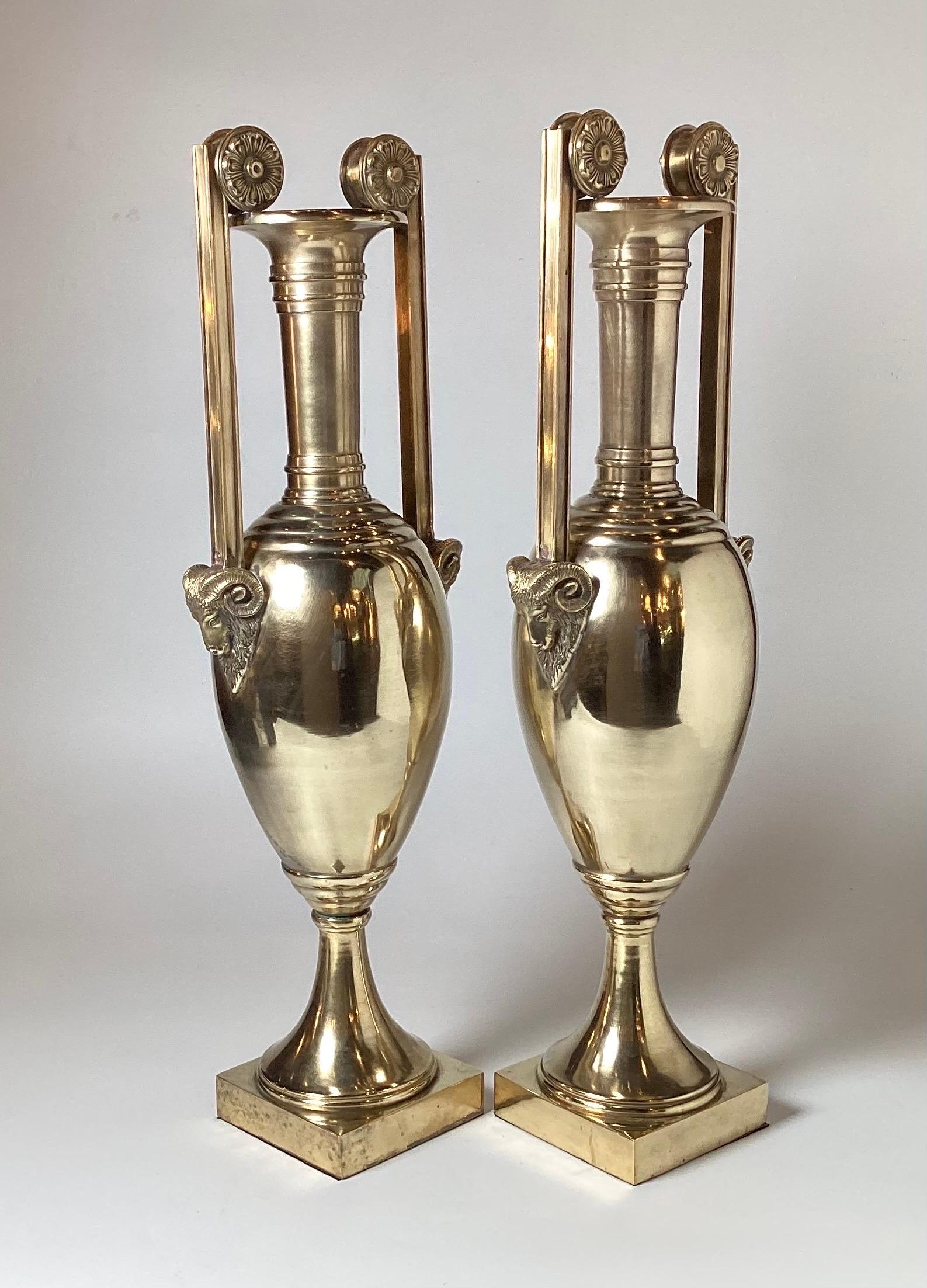Tall Pair of Cast Polished Brass Neoclassical Urns In Excellent Condition For Sale In Lambertville, NJ