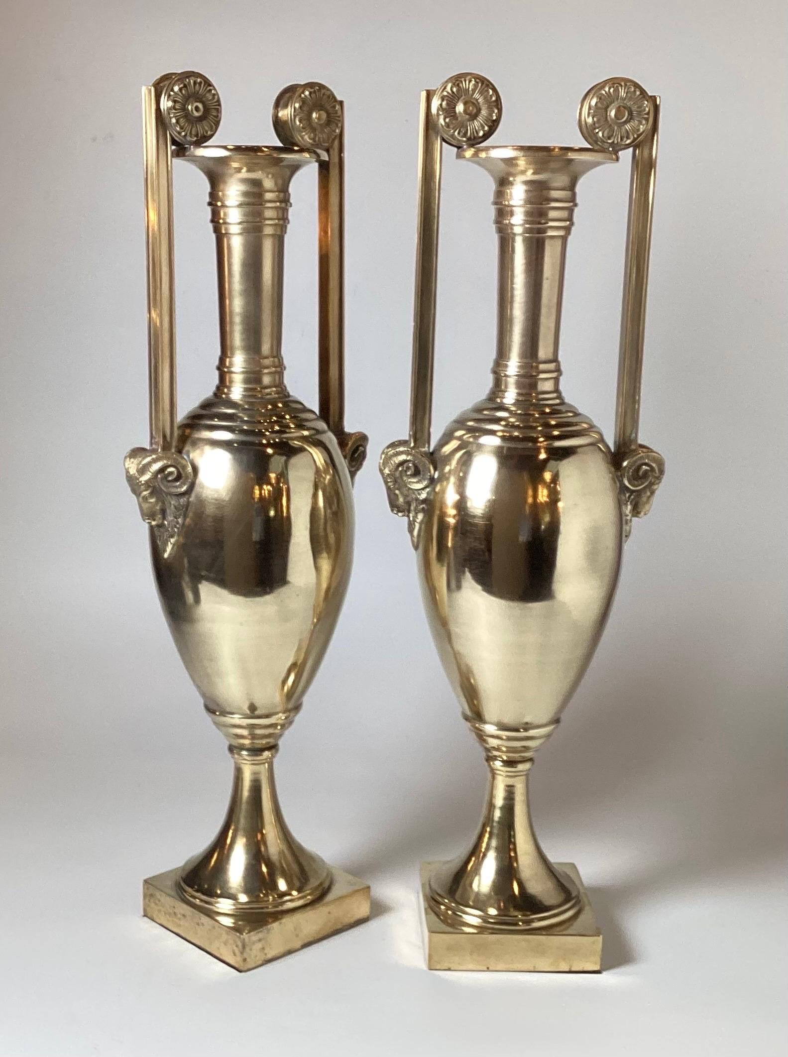 Tall Pair of Cast Polished Brass Neoclassical Urns For Sale 4