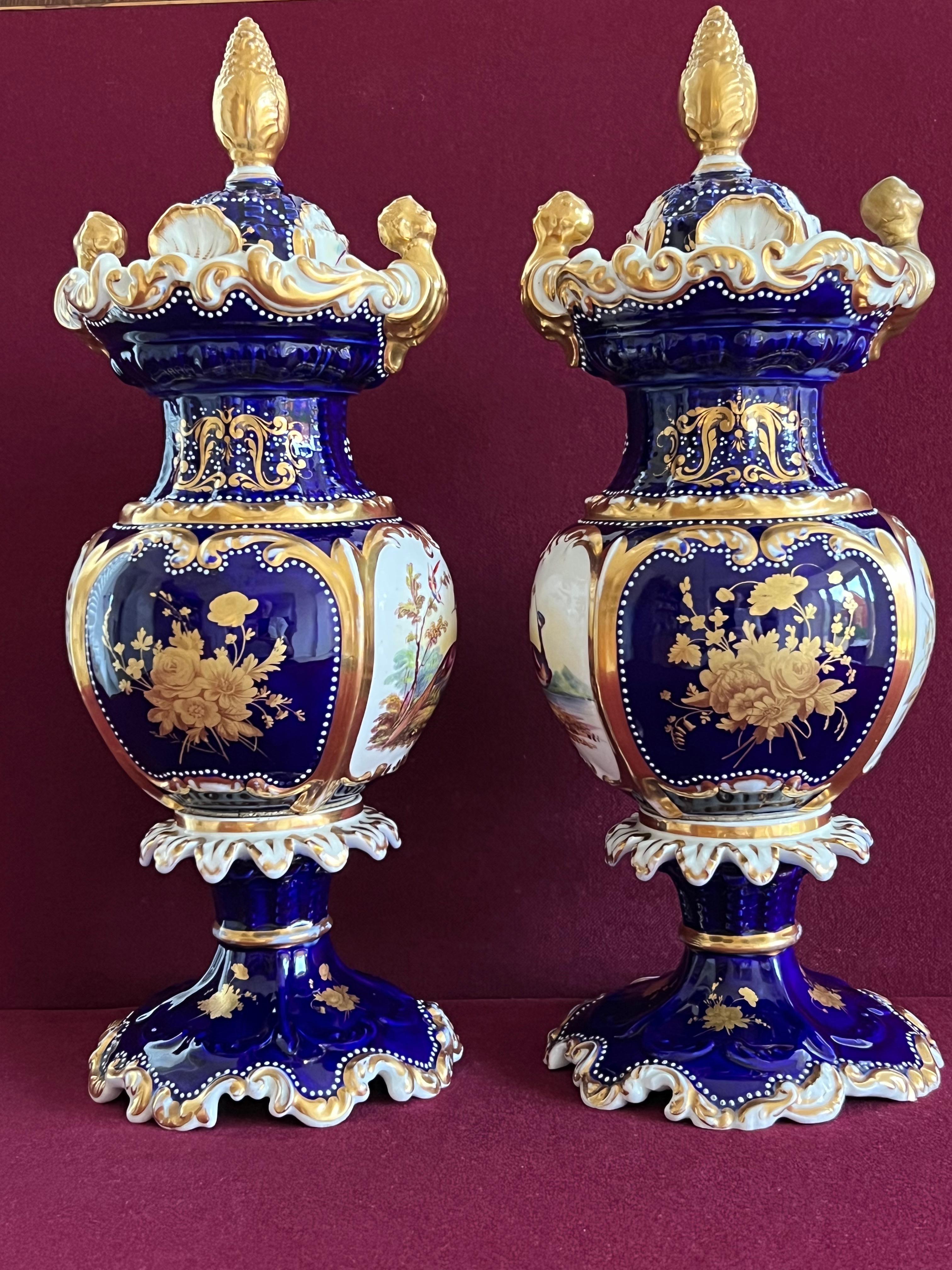 Hand-Painted Tall Pair of Chamberlain Worcester Porcelain Vases, circa 1842-1845 For Sale