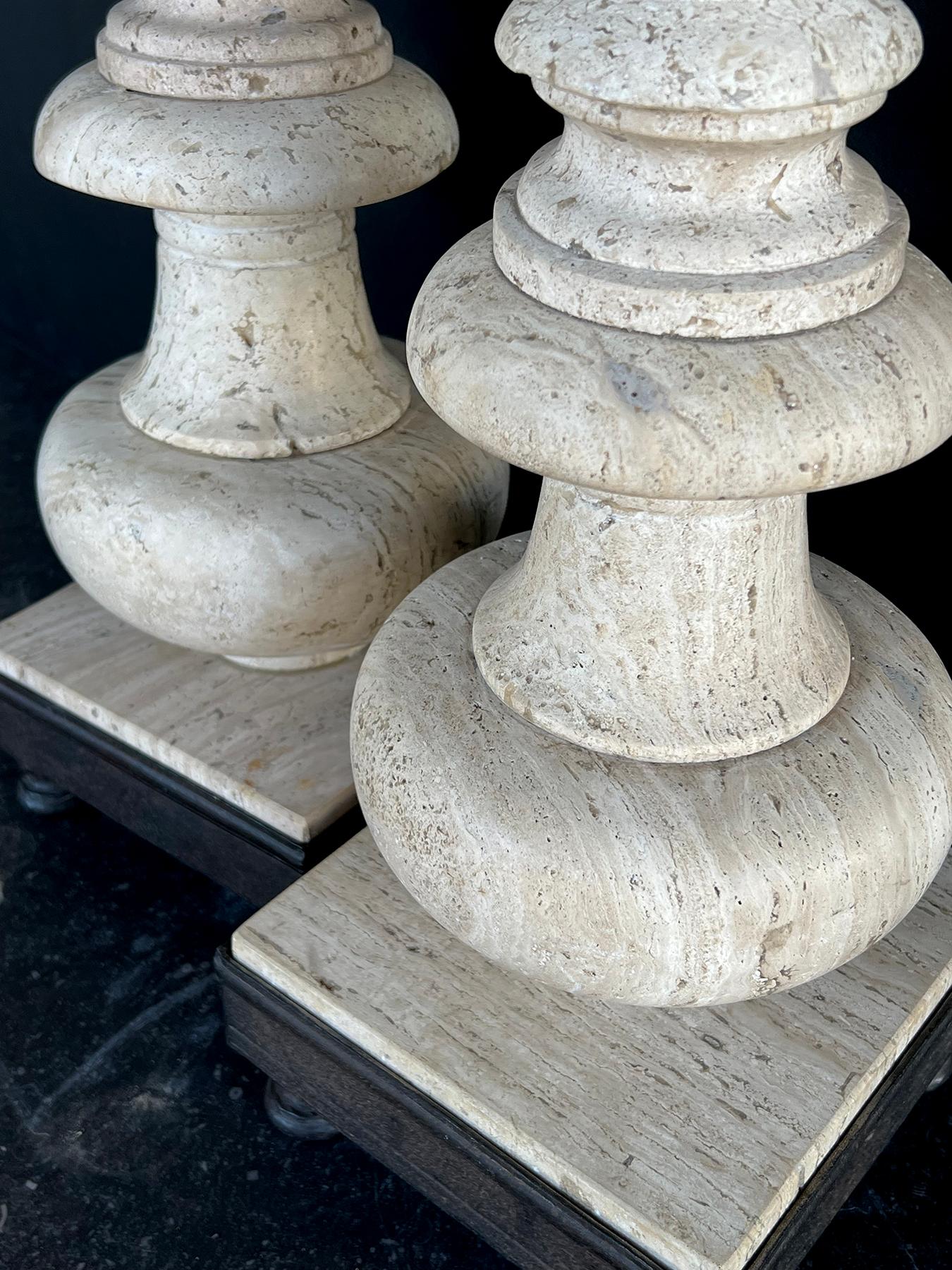 A Tall Pair of Paul Ferrante Baroque Style Travertine Baluster-form Lamps In Good Condition For Sale In San Francisco, CA
