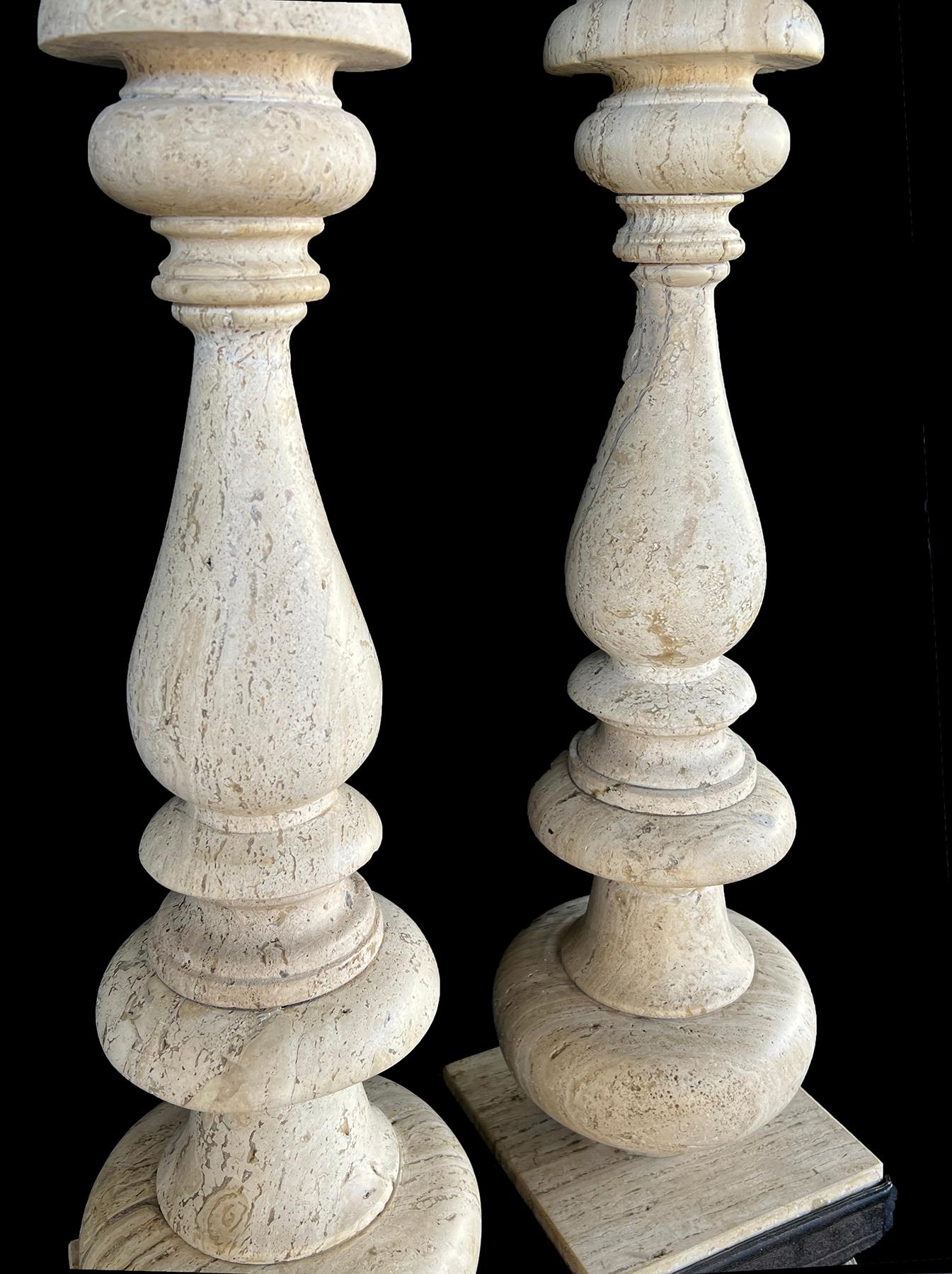 A Tall Pair of Paul Ferrante Baroque Style Travertine Baluster-form Lamps For Sale 1
