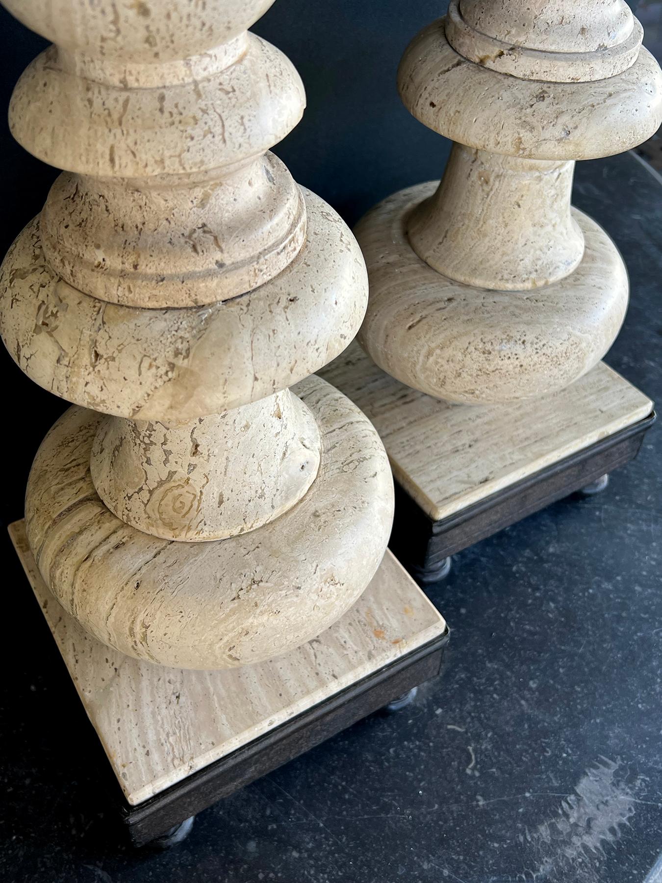 A Tall Pair of Paul Ferrante Baroque Style Travertine Baluster-form Lamps For Sale 2