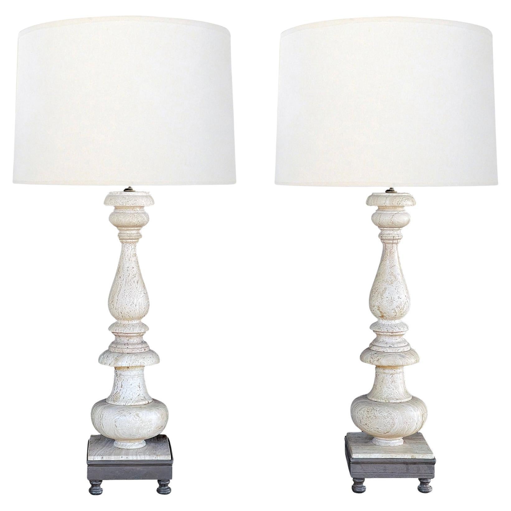 A Tall Pair of Paul Ferrante Baroque Style Travertine Baluster-form Lamps For Sale