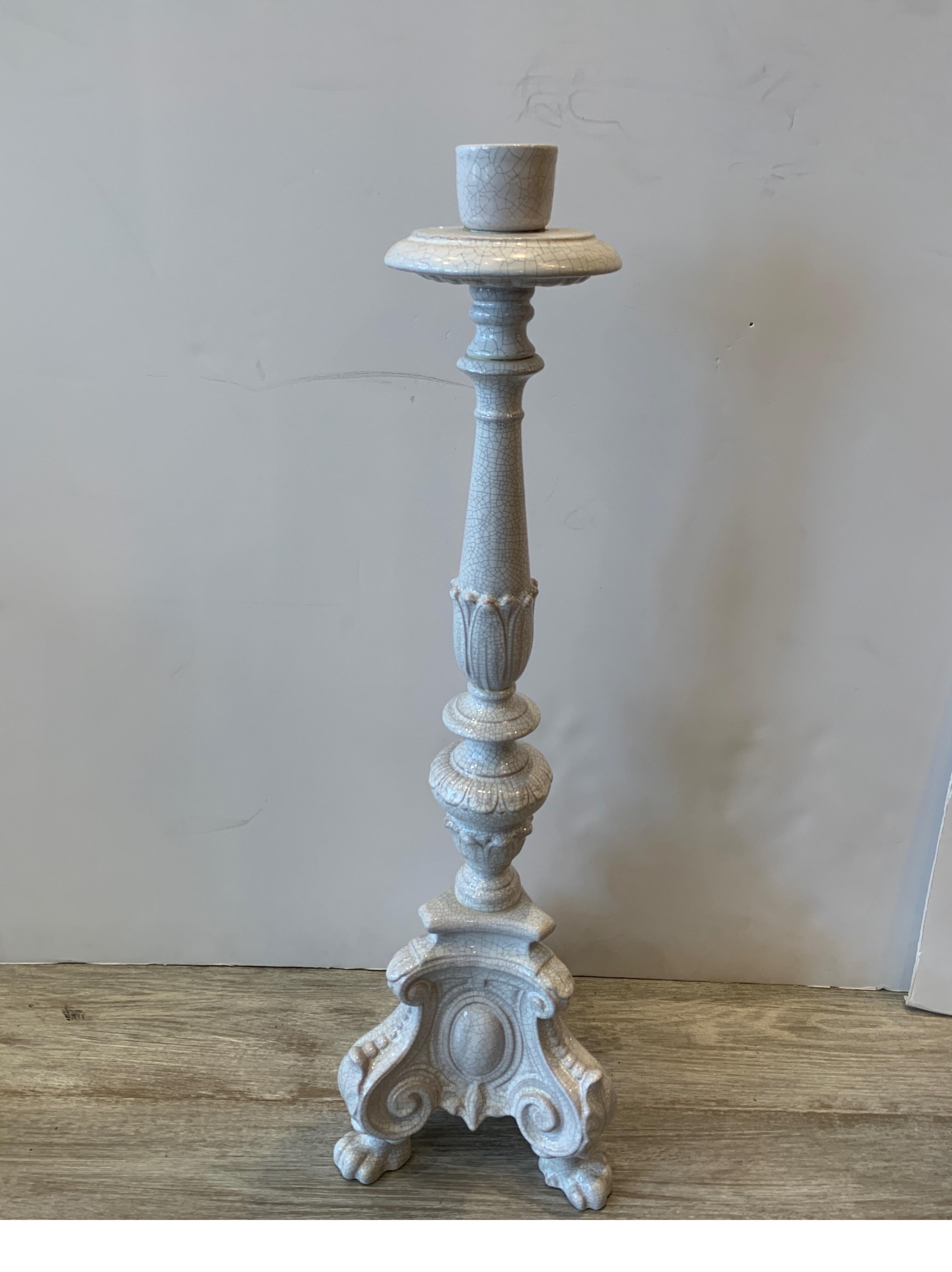 Tall Pair of Tin Glazed Faience Italian Candlesticks In Excellent Condition In Lambertville, NJ