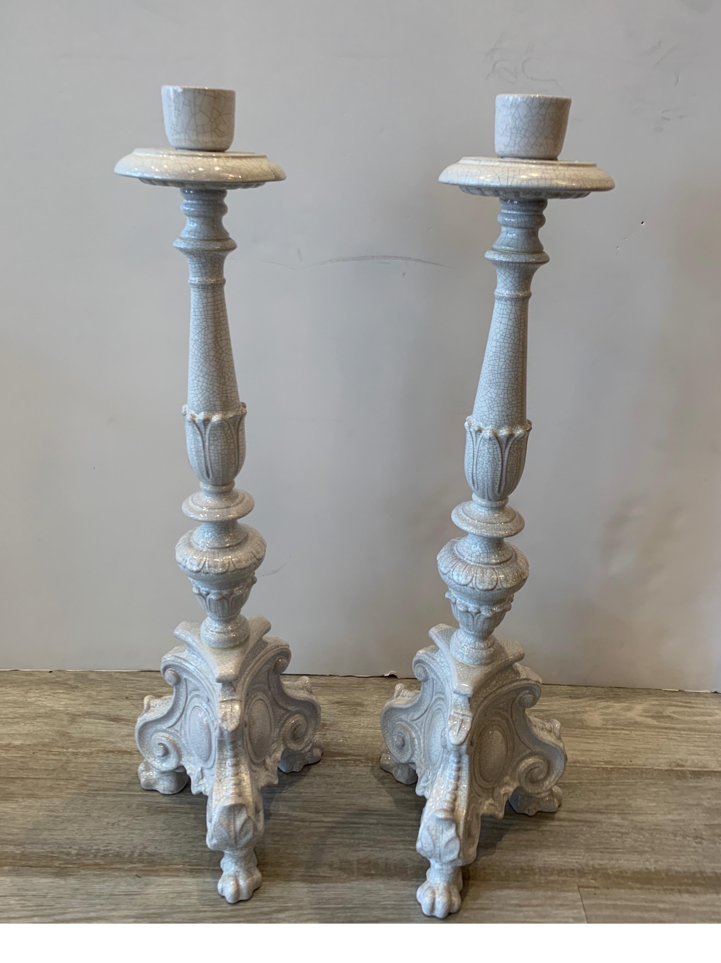 Tall Pair of Tin Glazed Faience Italian Candlesticks 5
