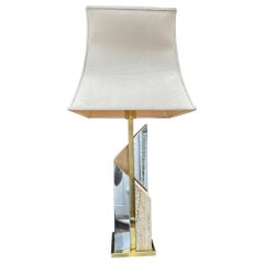 Grande lampe de bureau Skyscaper en travertin chromé et laiton de Sciolari