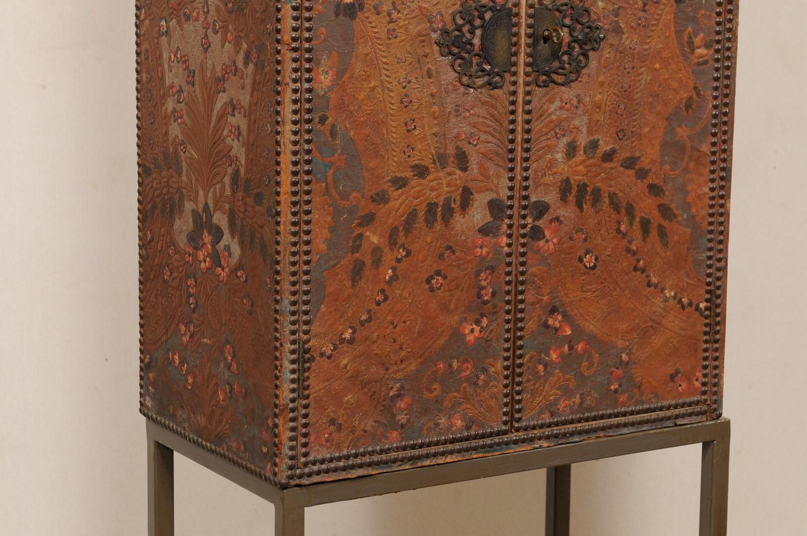 Tall Spanish Antique Embossed Leather Cabinet, Raised on Custom Iron Base For Sale 1