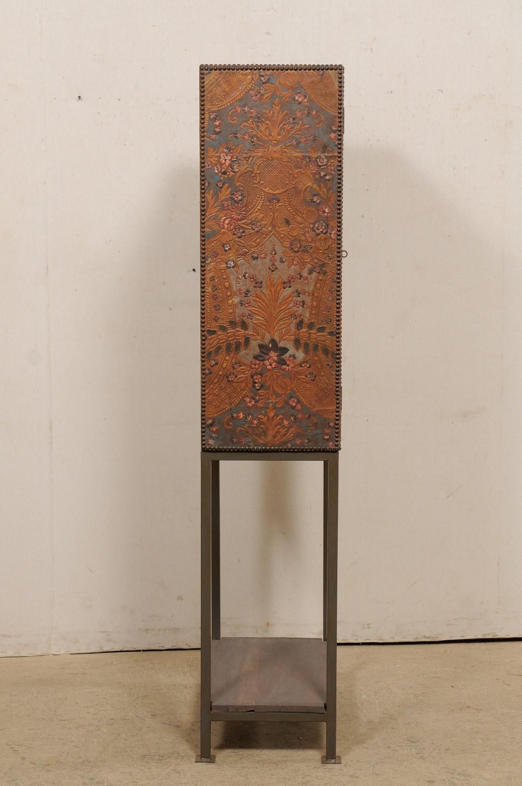 Tall Spanish Antique Embossed Leather Cabinet, Raised on Custom Iron Base For Sale 2