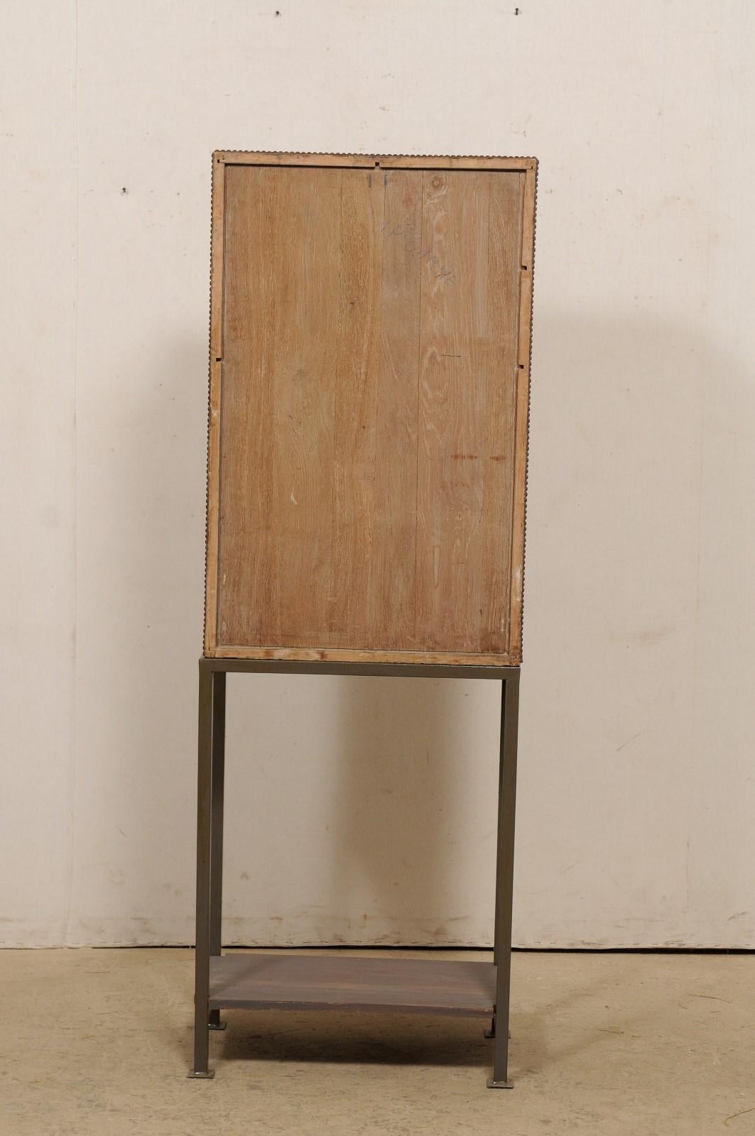 Tall Spanish Antique Embossed Leather Cabinet, Raised on Custom Iron Base For Sale 3
