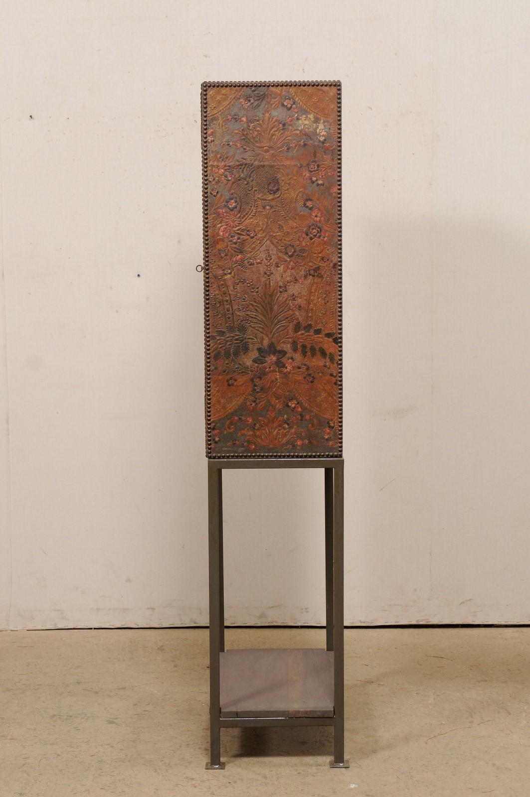 Tall Spanish Antique Embossed Leather Cabinet, Raised on Custom Iron Base For Sale 4