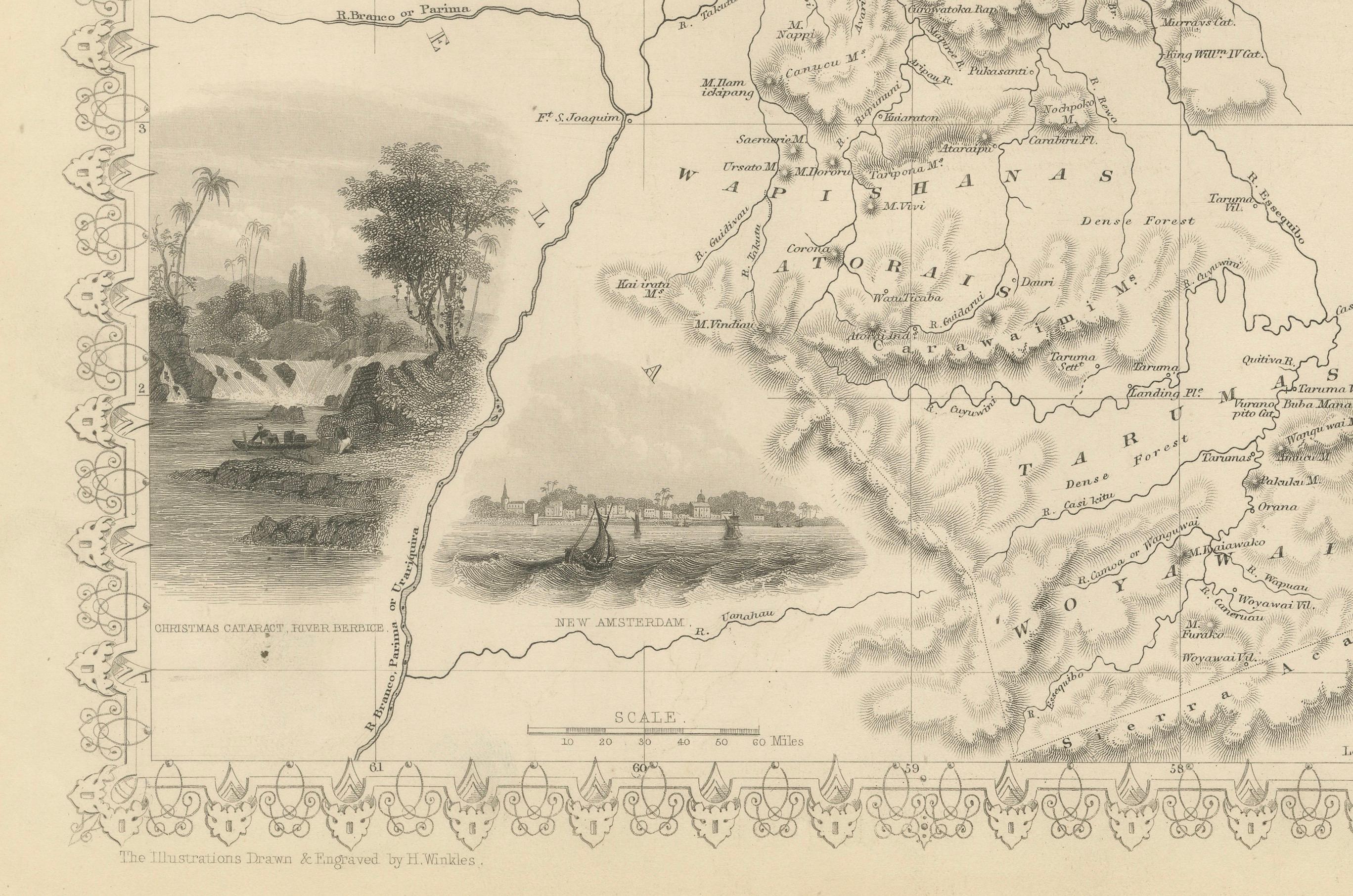 A Tallis-Karte von britischem Guiana mit Kolonial Vignetten und anderen Wahrzeichen der Kolonialzeit, 1851 im Zustand „Gut“ im Angebot in Langweer, NL