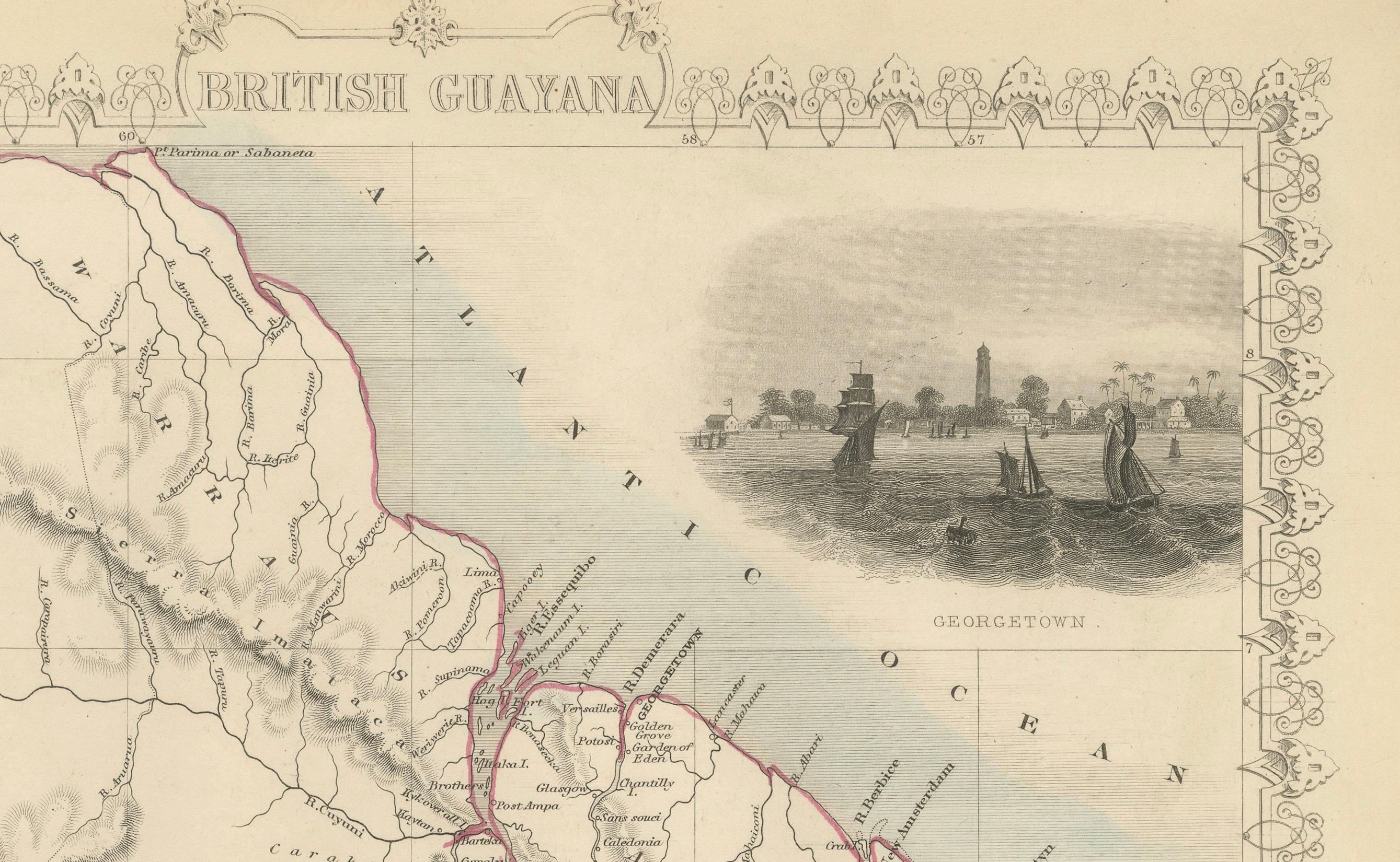 A Tallis-Karte von britischem Guiana mit Kolonial Vignetten und anderen Wahrzeichen der Kolonialzeit, 1851 (Papier) im Angebot