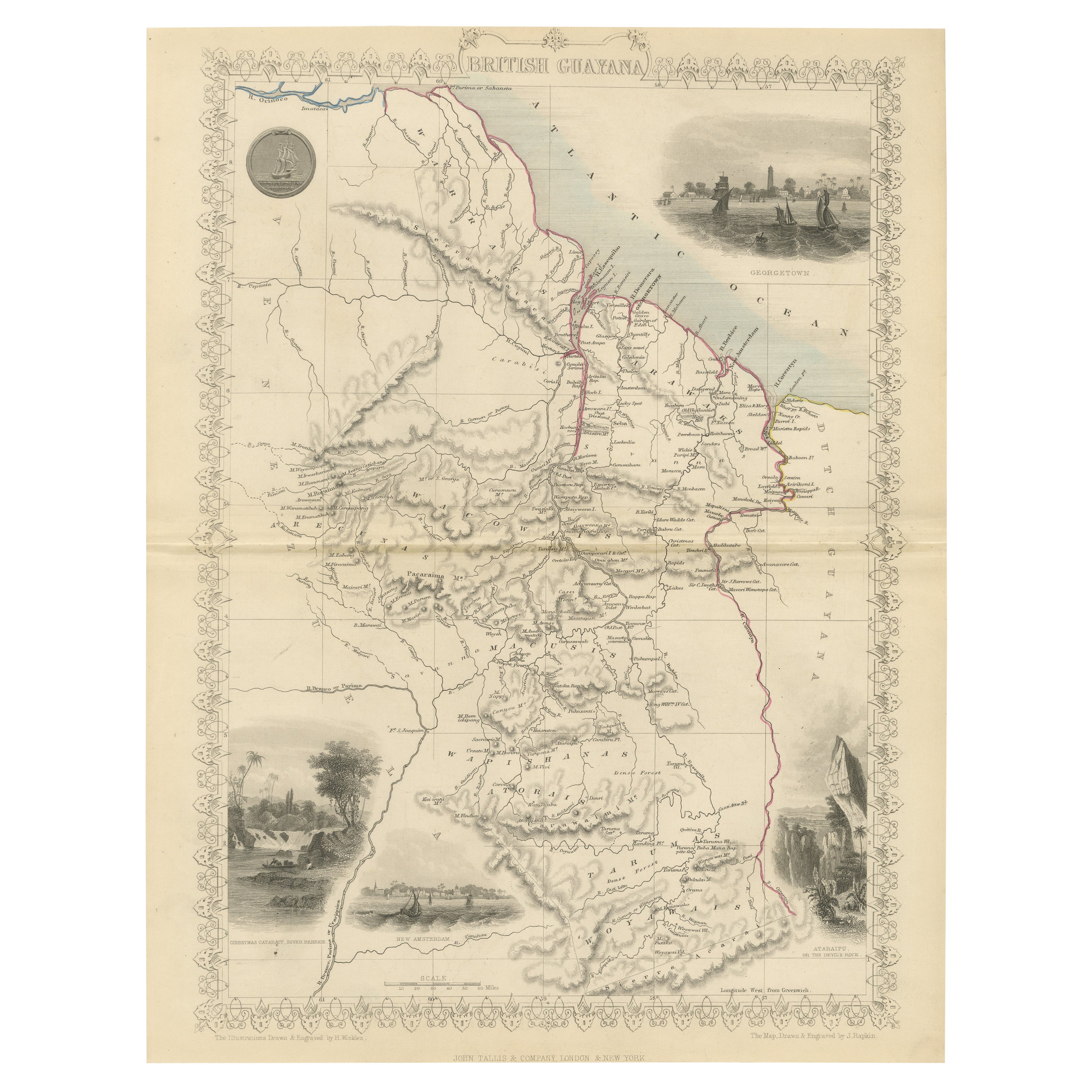 Mapa Tallis de la Guayana Británica con viñetas coloniales y otros puntos de referencia, 1851