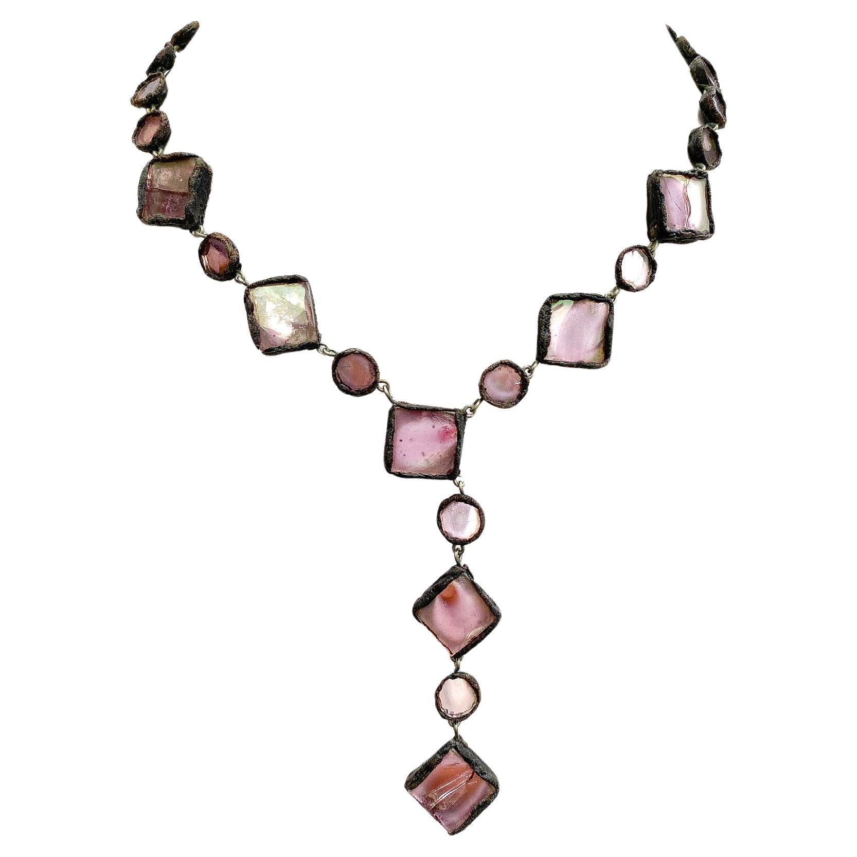 Collana sautoir con talousel e specchio rosa tenue, Line Vautrin, Francia, anni '60 in vendita