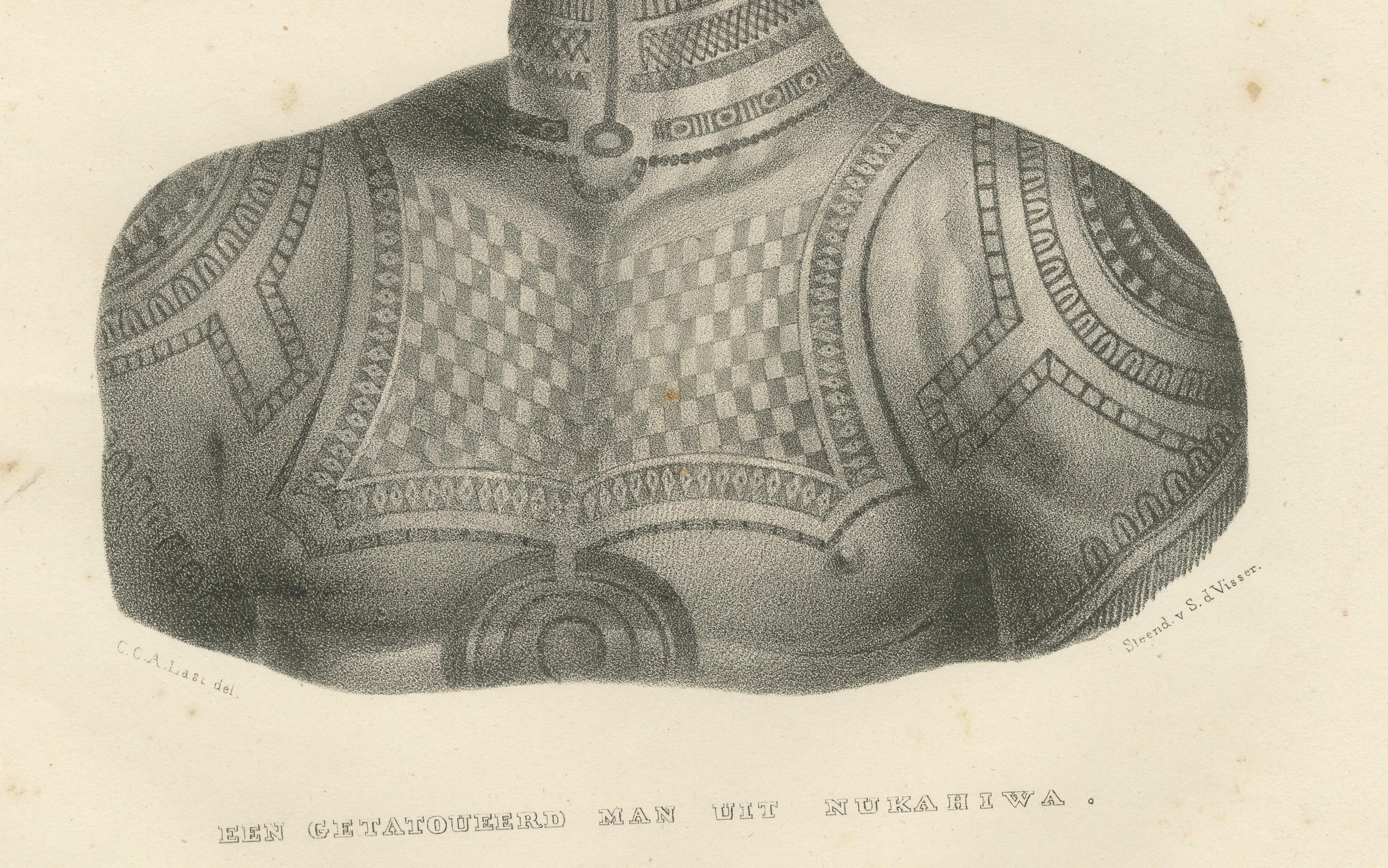 Esta litografía de Karl Joseph Brodtmann presenta a un hombre tatuado de Nuku Hiva, una isla de las Marquesas, situada en la Polinesia Francesa. Las obras de arte plasman los intrincados y culturalmente significativos tatuajes que adornaban los