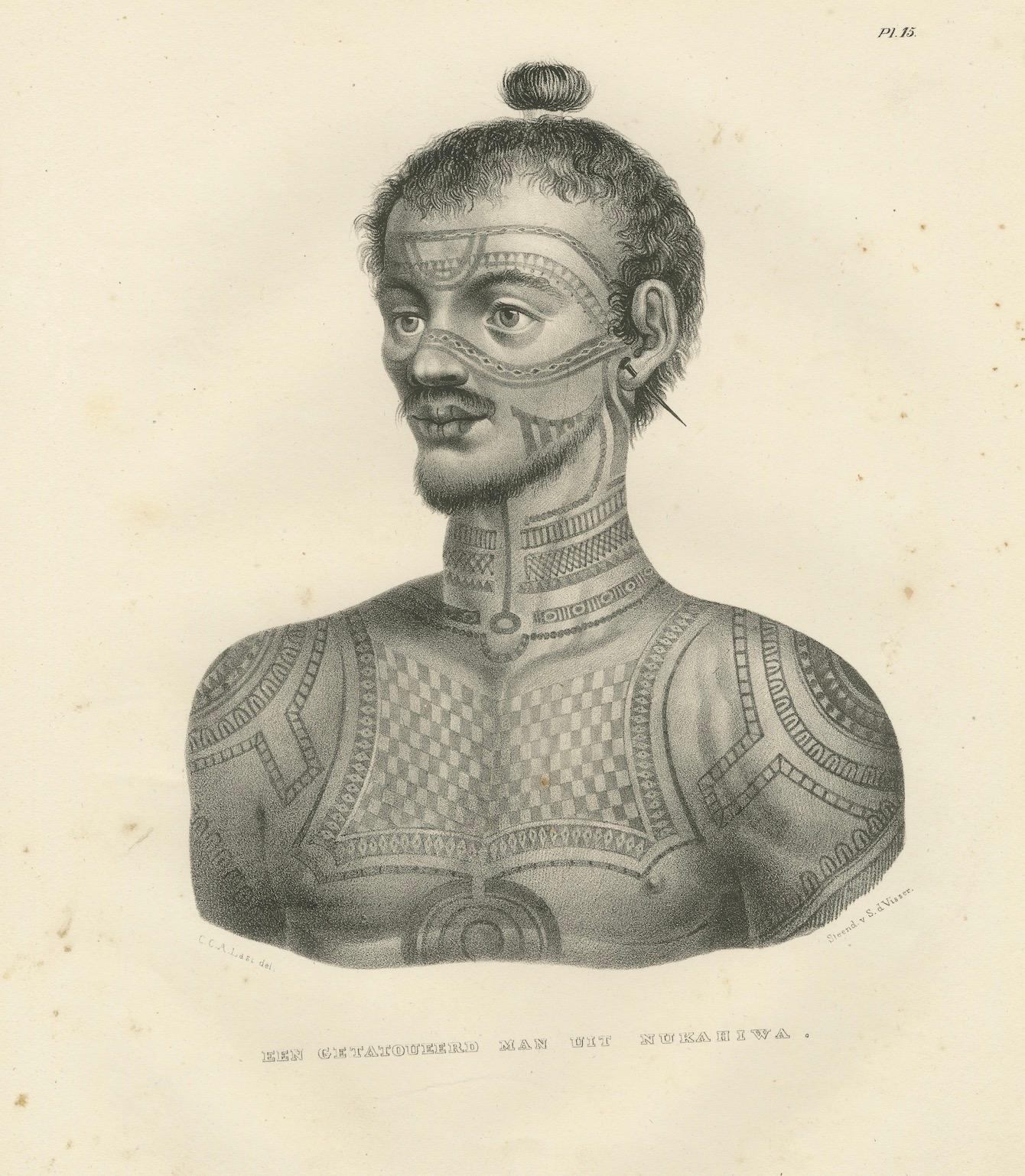 Un hombre tatuado de Nuku Hiva, Polinesia Francesa, por Karl Joseph Brodtmann, 1836 Papel en venta