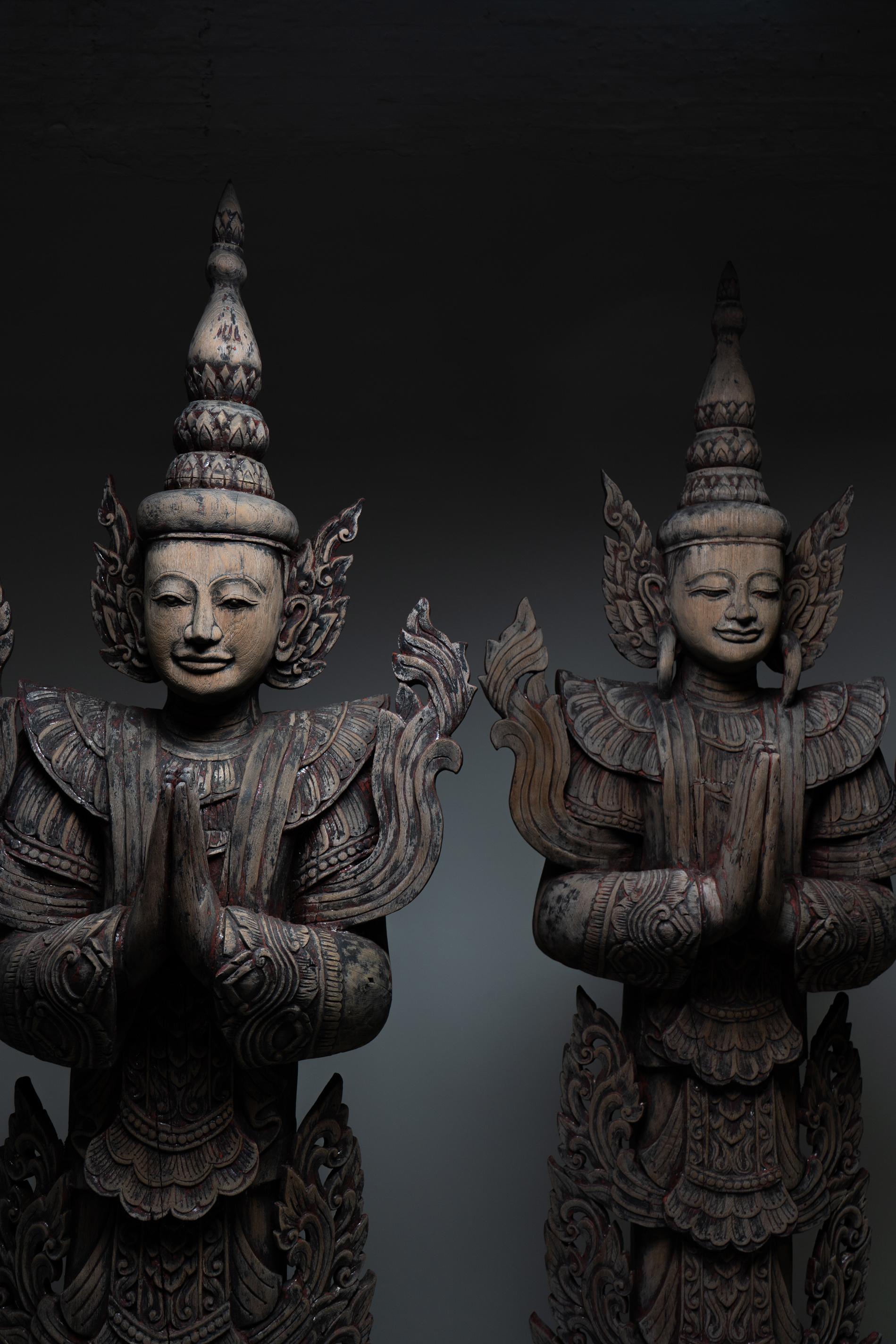 A Teak Wood Sculpture In The Form of a Thai Greeting Angel For Sale 14