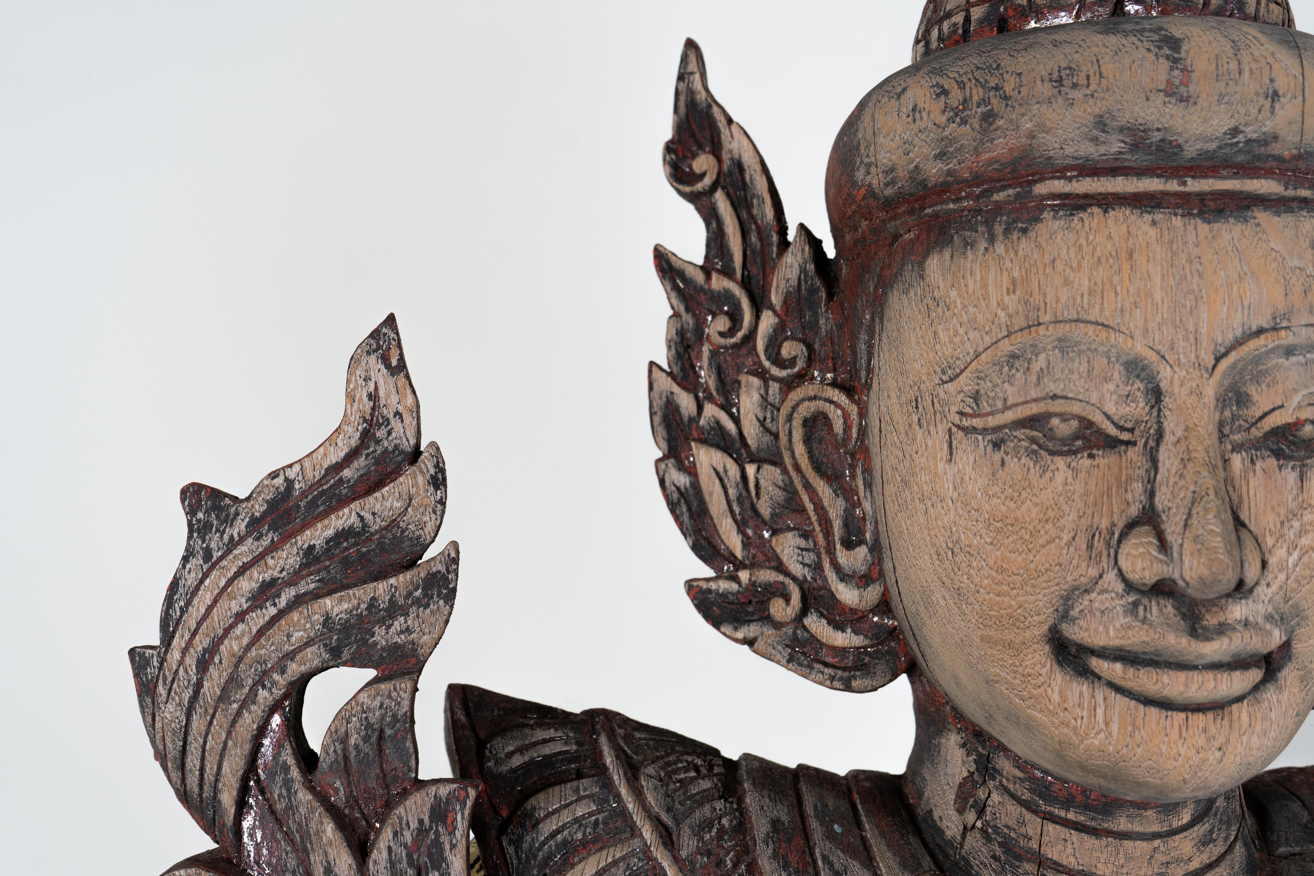 Hand-Carved A Teak Wood Sculpture In The Form of a Thai Greeting Angel For Sale