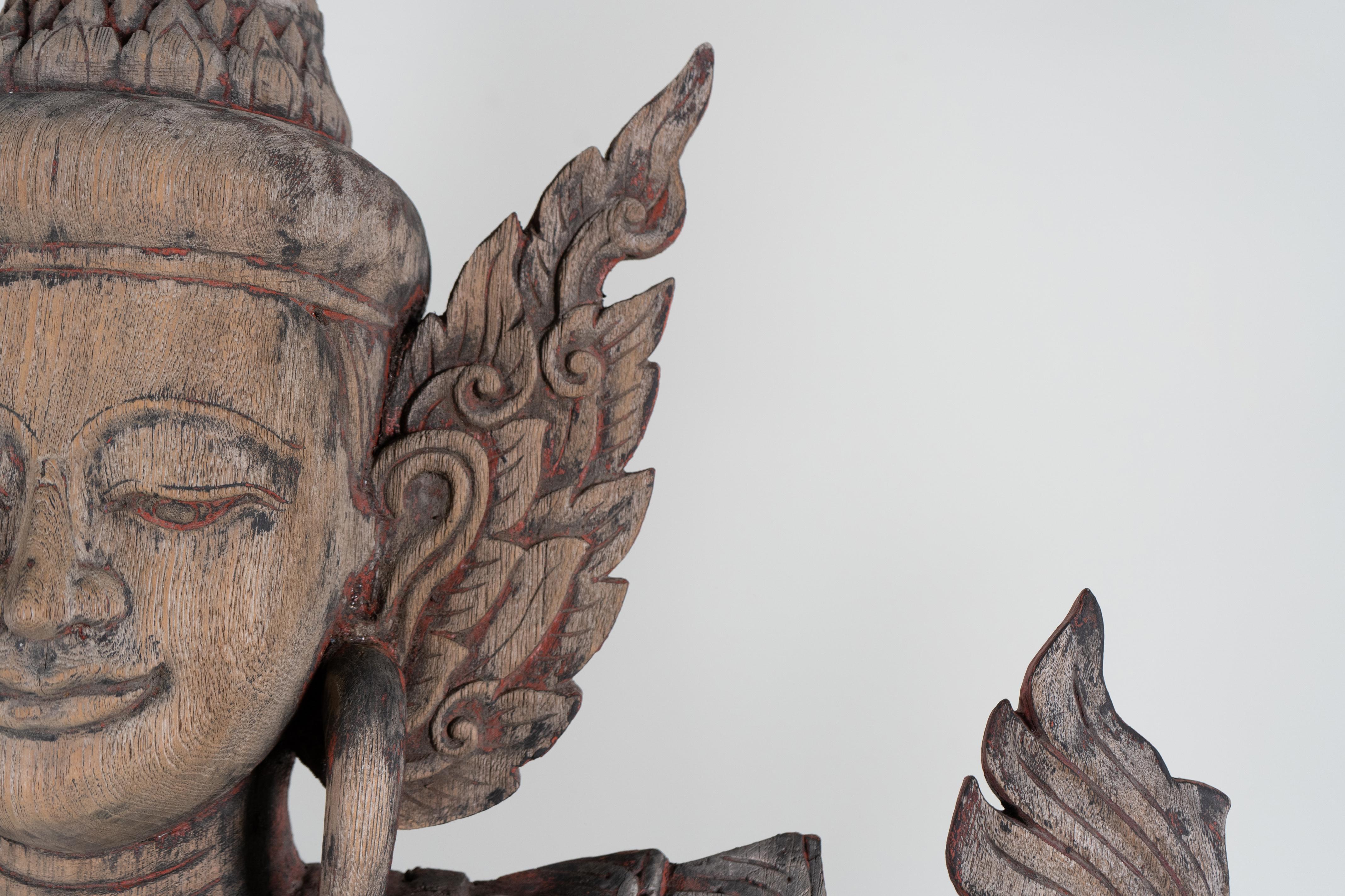 A Teak Wood Sculpture In The Form of a Thai Greeting Angel In Good Condition In Chicago, IL