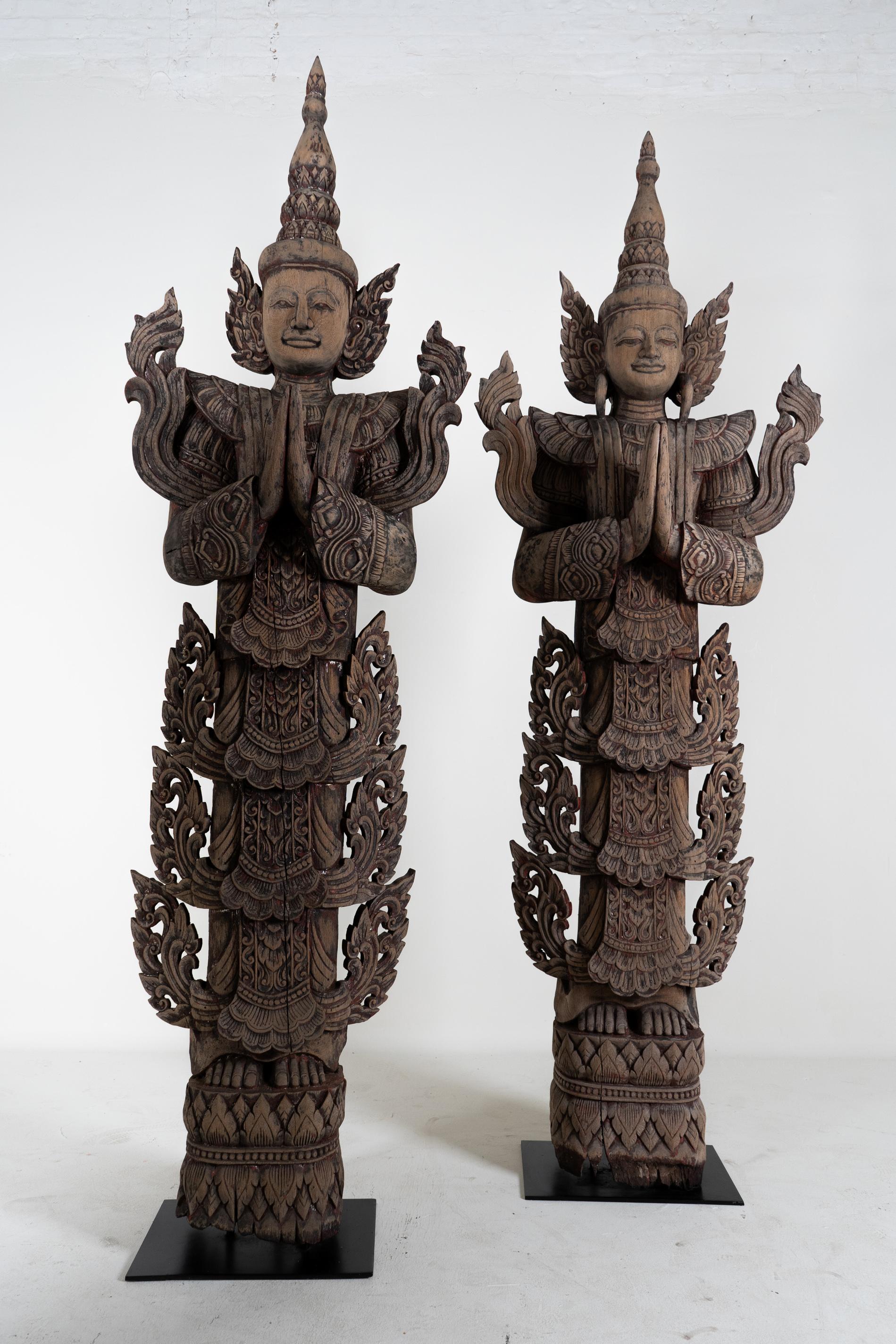 Contemporary A Teak Wood Sculpture In The Form of a Thai Greeting Angel For Sale