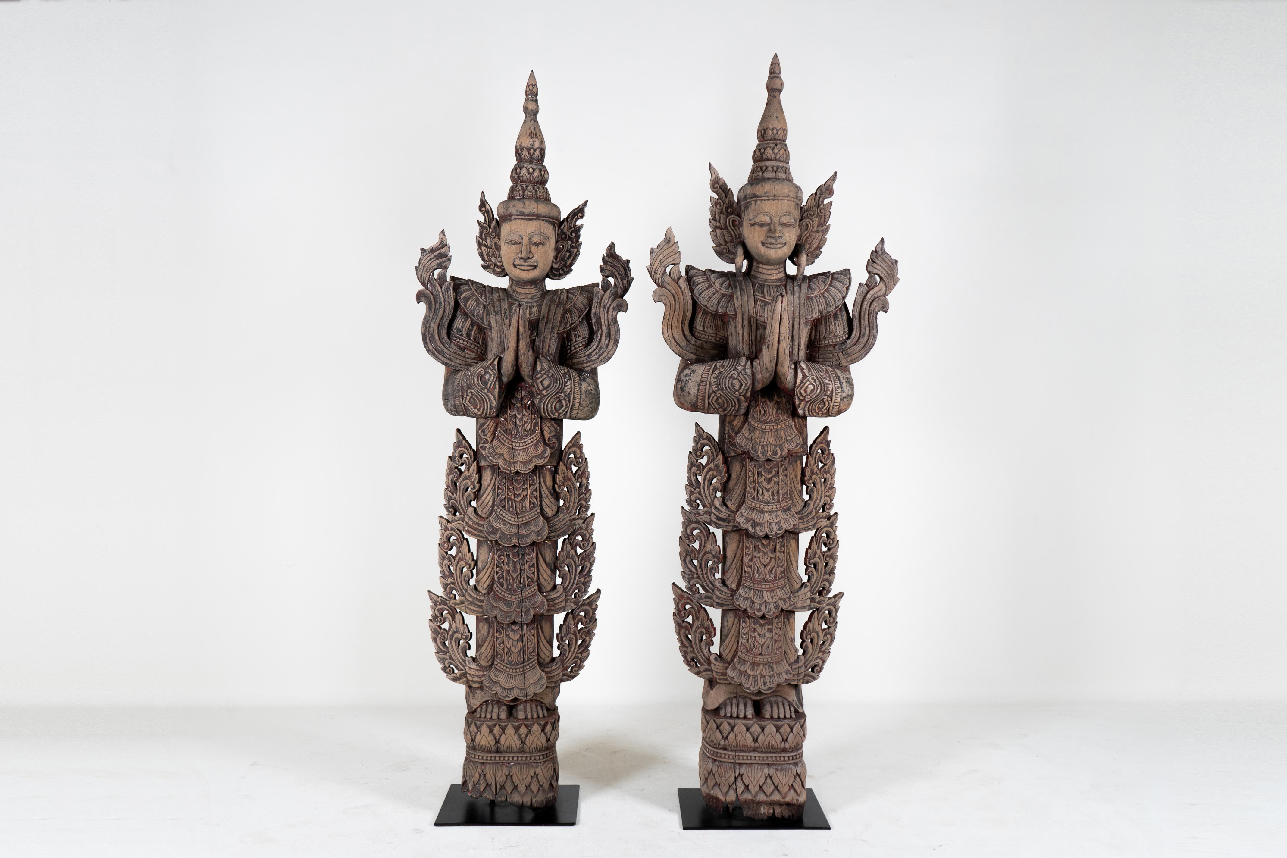 A Teak Wood Sculpture In The Form of a Thai Greeting Angel For Sale 3