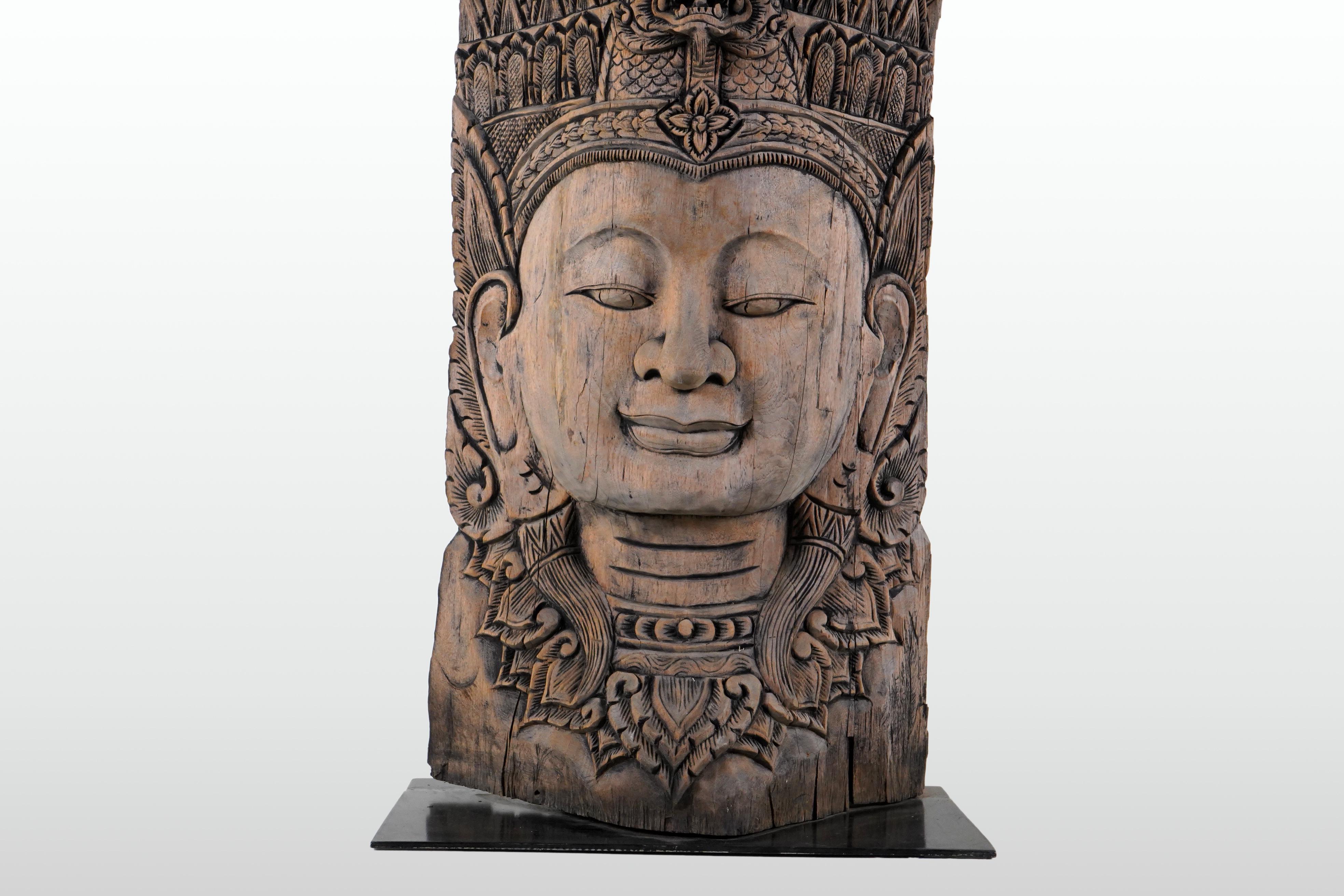A Teak Wood Sculpture of a Cambodian Apsara Goddess In Good Condition For Sale In Chicago, IL