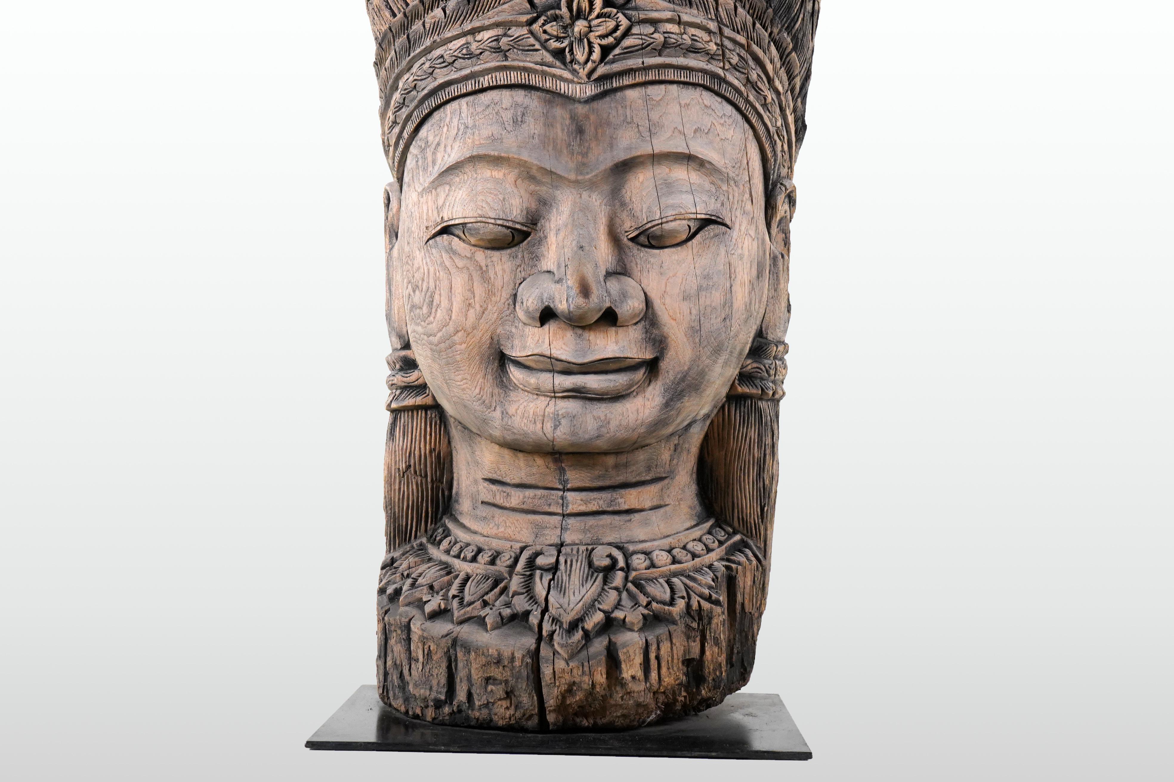Hand-Carved A Teak Wood Sculpture of a Cambodian Apsara Goddess For Sale